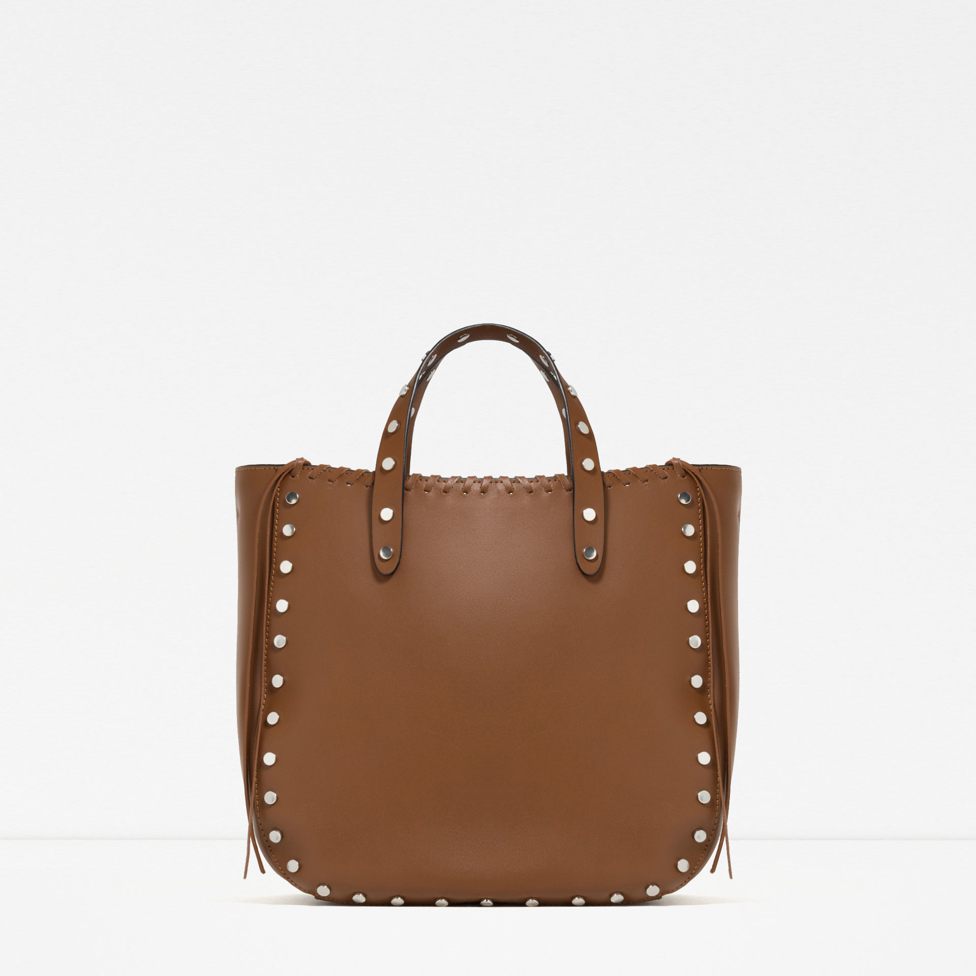 Zara Studded Leather Tote in Brown | Lyst