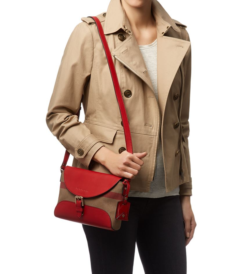 Burberry Small Leather Detail Canvas Check Crossbody Bag in Red | Lyst