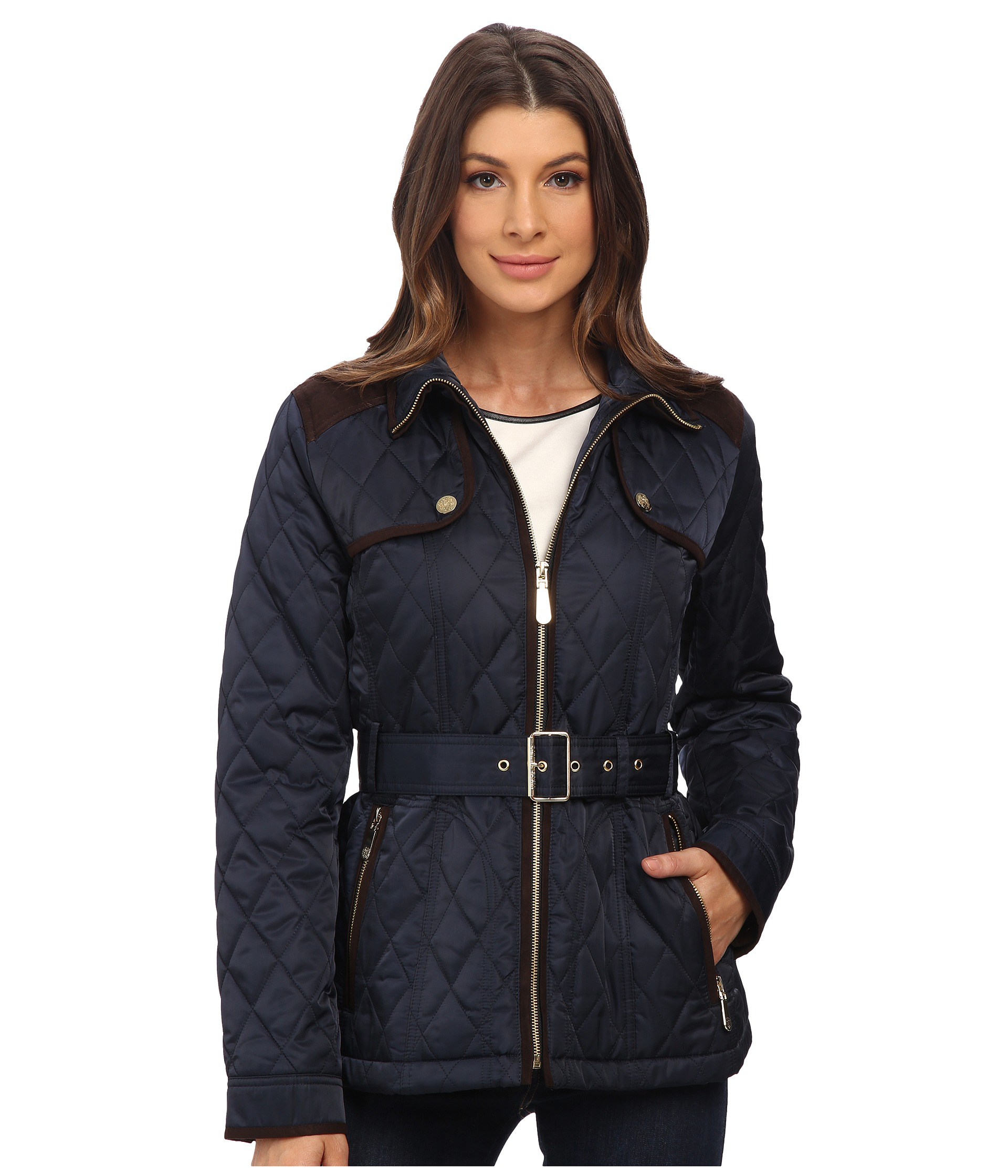 Vince camuto Belted Quilted Jacket J1611 in Blue | Lyst