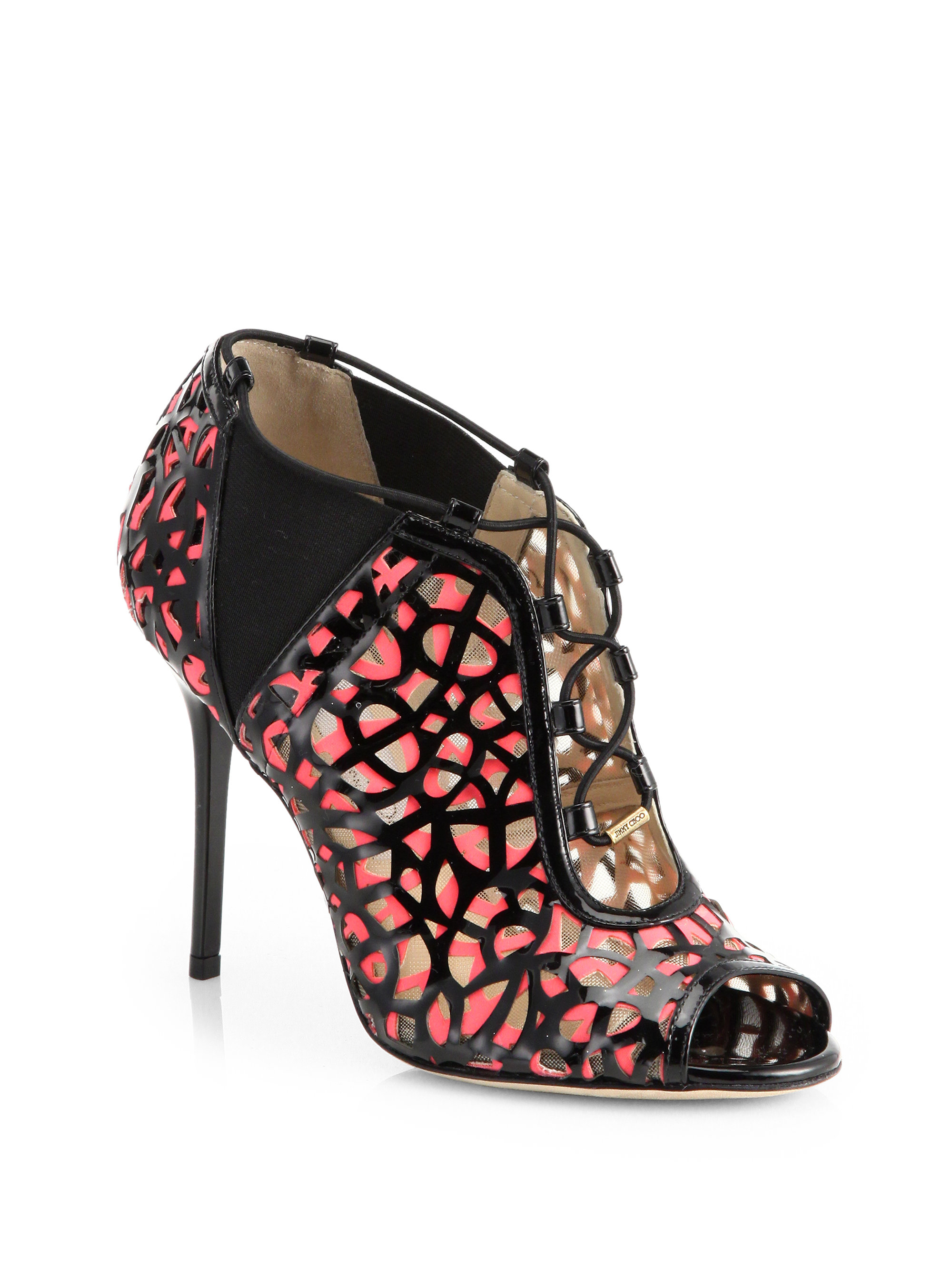 Lyst - Jimmy choo Tactic Laser-cut Patent Leather Peep-toe Booties in Black