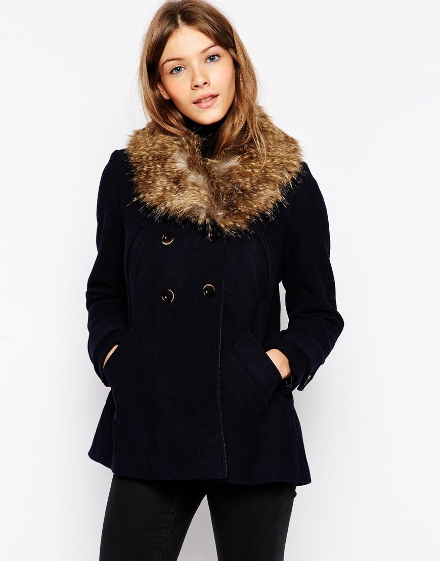 Parka london Short Swing Coat With Detachable Faux Fur Hood in Blue | Lyst