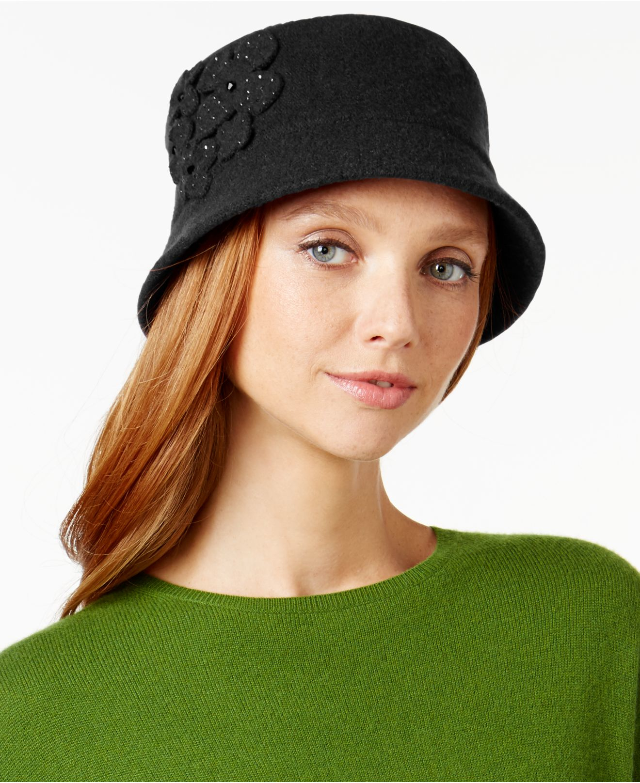 Lyst Nine West Flowered Wool Knit Micro Brim Hat in Black