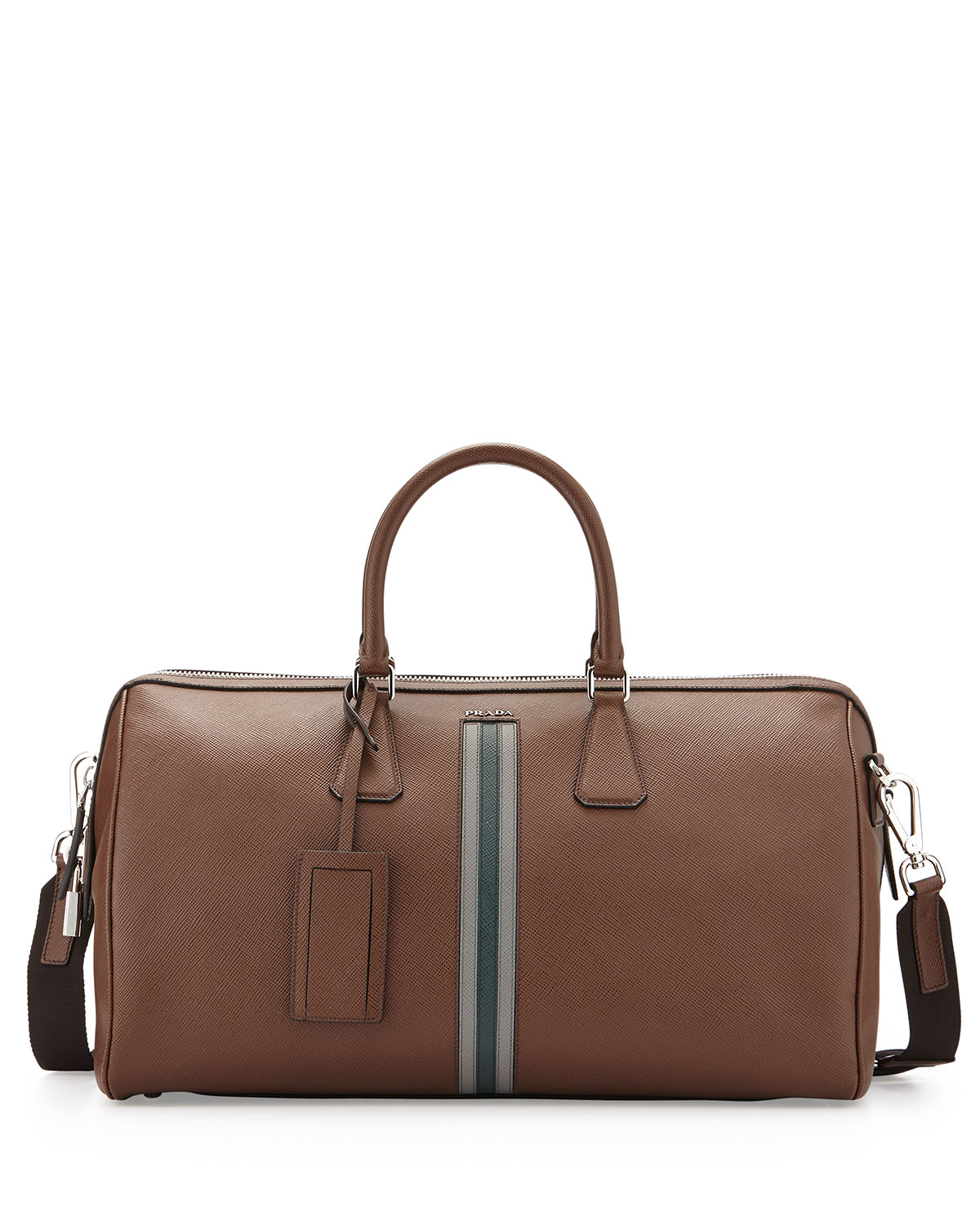 Prada Striped Saffiano Duffel Bag in Brown | Lyst  