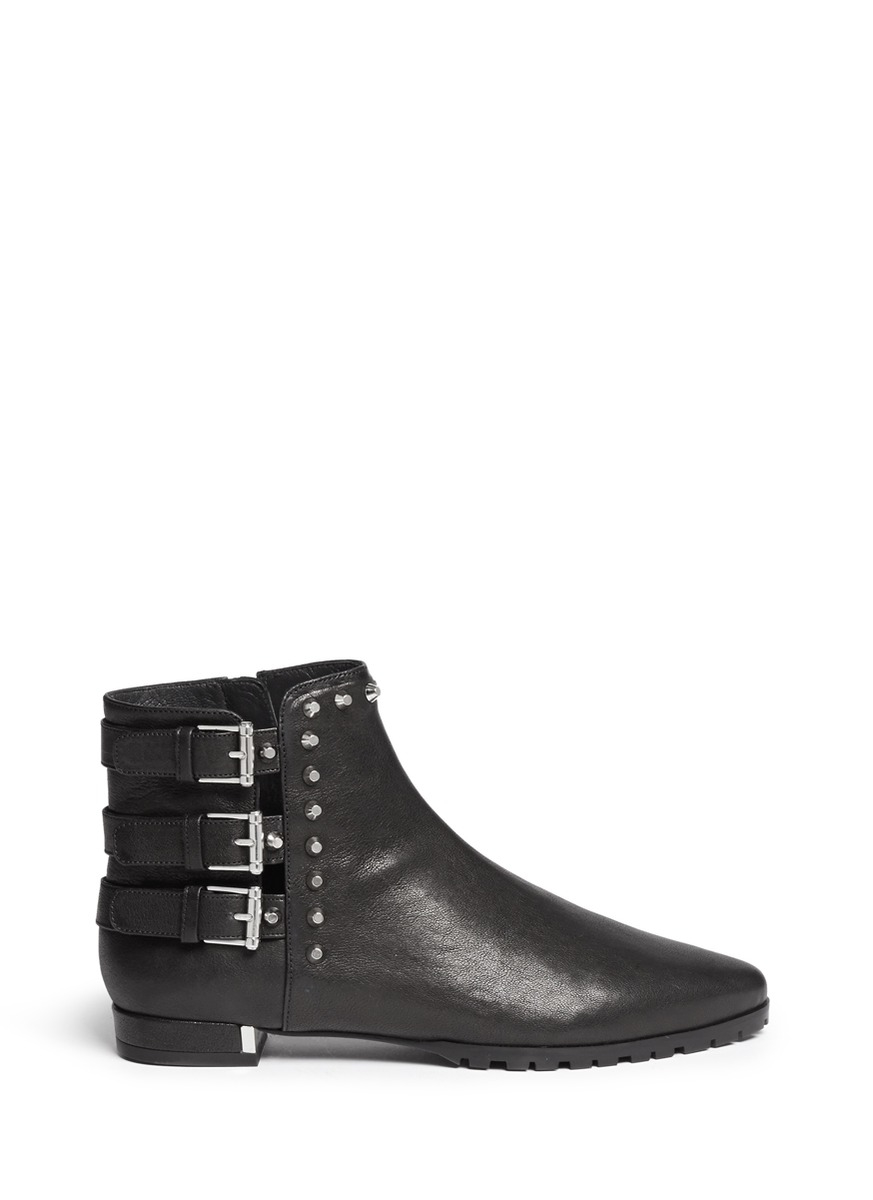 Lyst - Stuart Weitzman 'kicky' Buckled Stud Leather Boots in Black