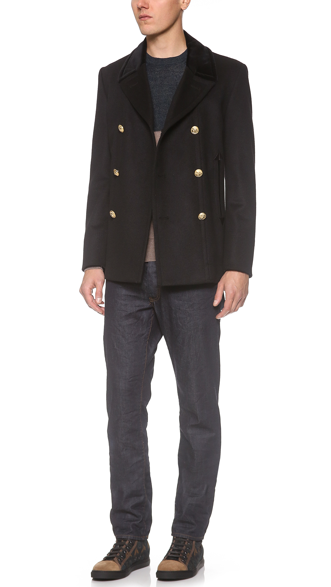Marc jacobs Velvet Collar Pea Coat in Black for Men Lyst