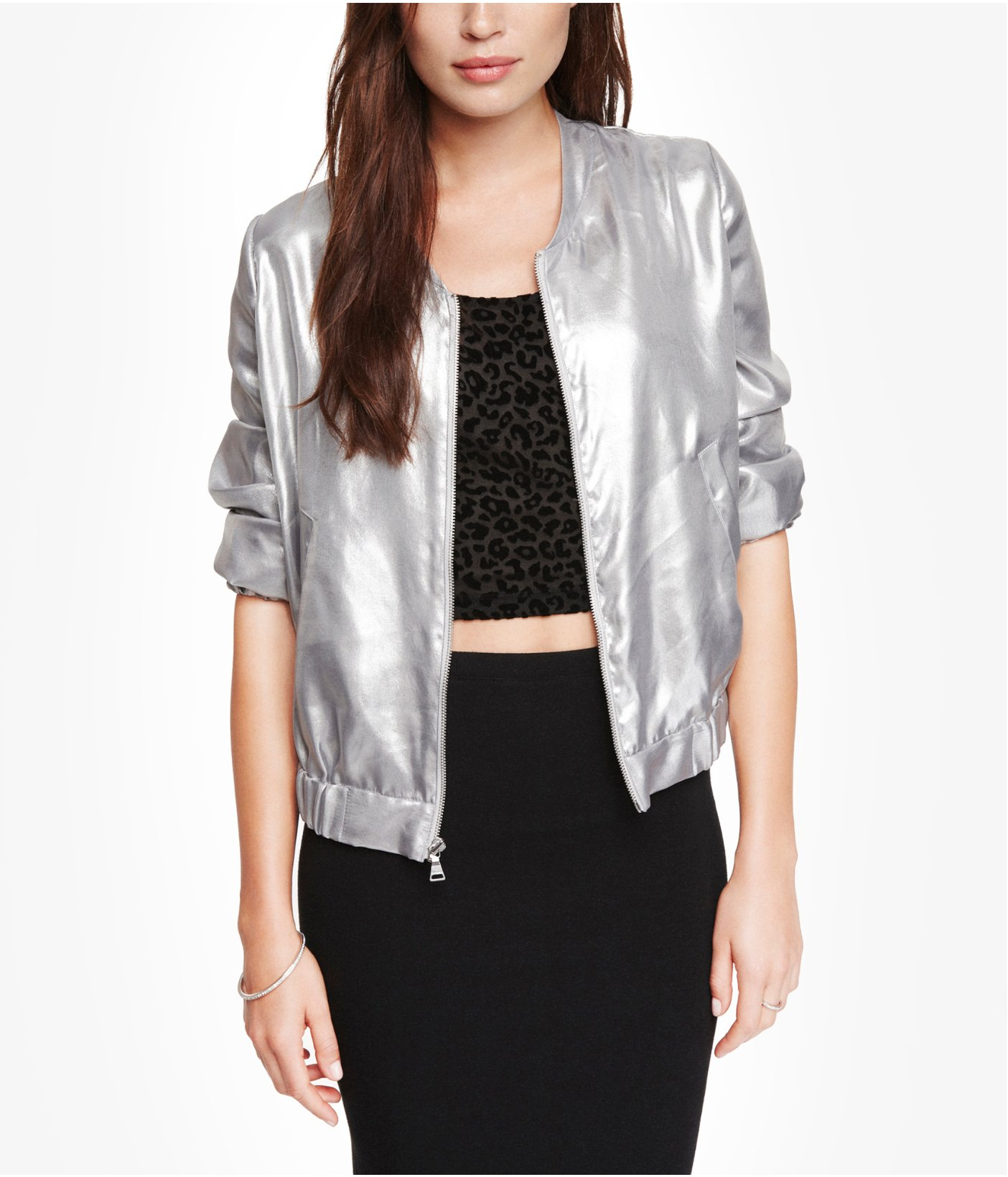 Express Silver Soft Bomber Jacket in Metallic | Lyst