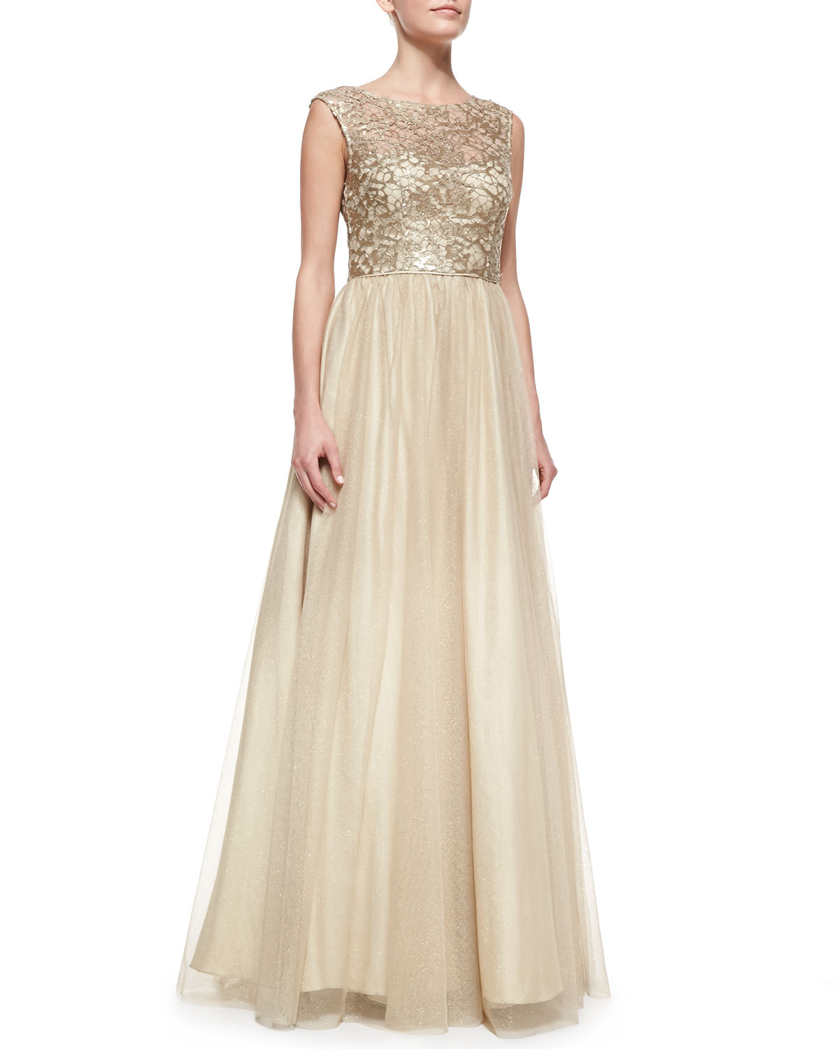 Aidan Mattox Capsleeve Lace Bodice Gown Gold in Gold | Lyst