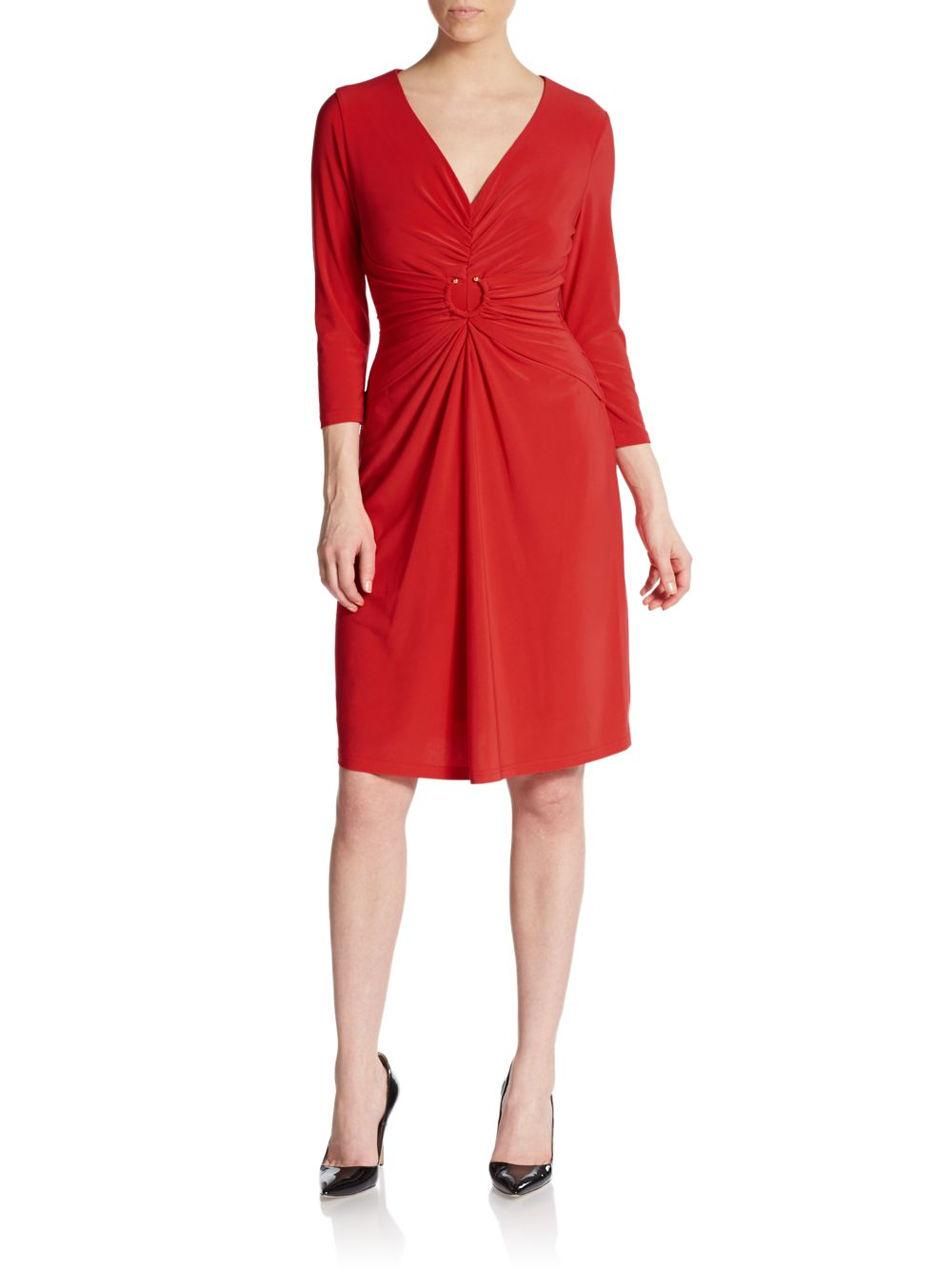 Saks fifth avenue black label Ruched Jersey Dress in Red | Lyst