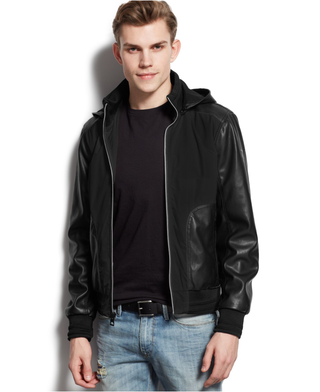 Lyst Guess Mixed Media Faux Leather Jacket In Black For Men 