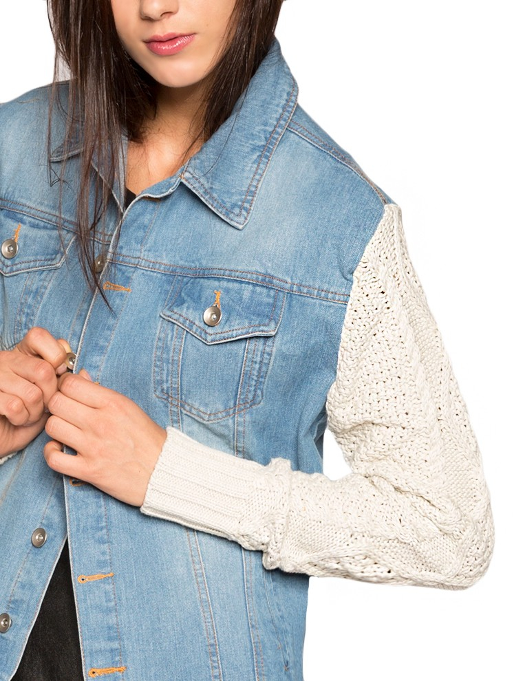 Pixie market Knit Sleeve Denim Jacket in Blue (denim) Lyst