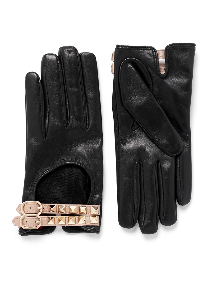 Lyst Valentino 'rockstud' Double Strap Short Leather Gloves in Black