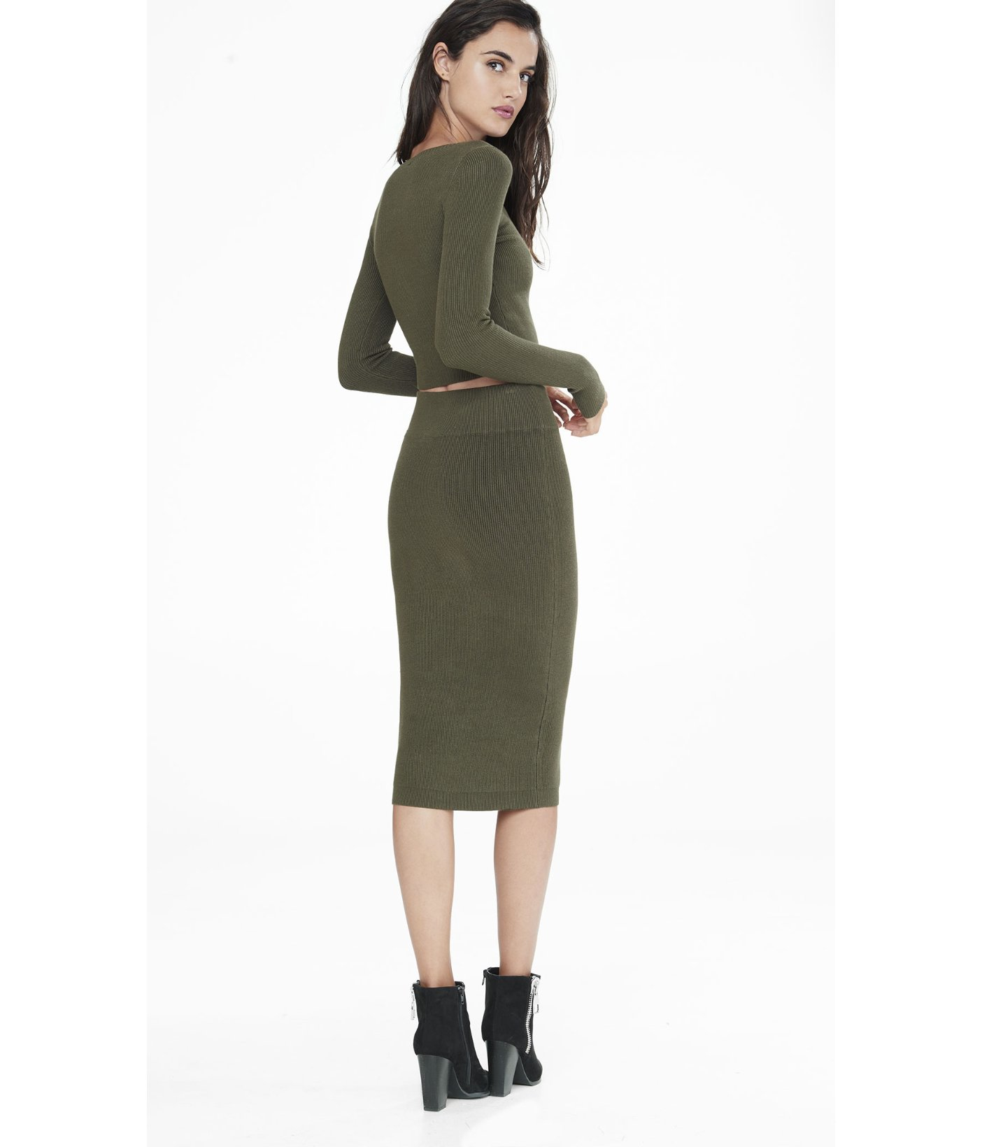 Express Olive High Waisted Ribbed Sweater Pencil Skirt in Green | Lyst