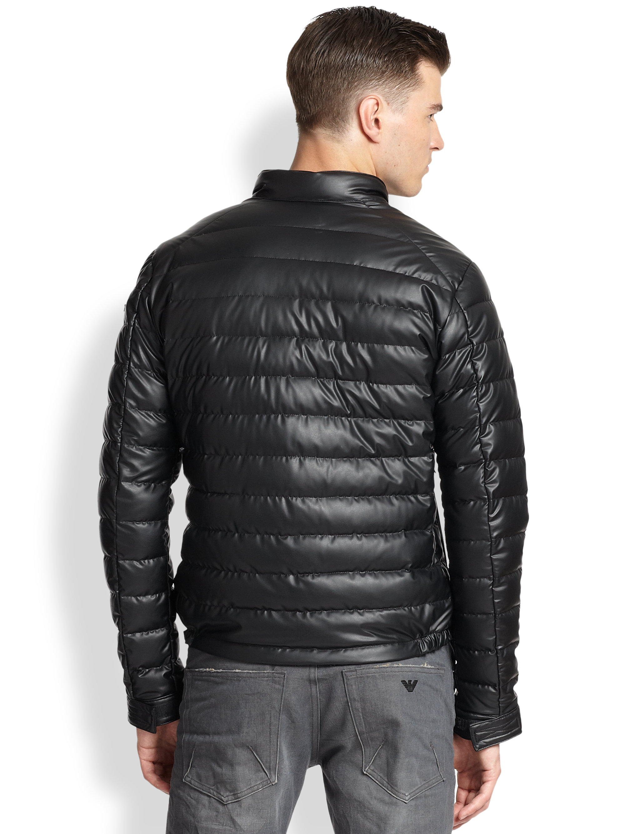 Emporio Armani Black Faux Leather Puffer Jacket For Men