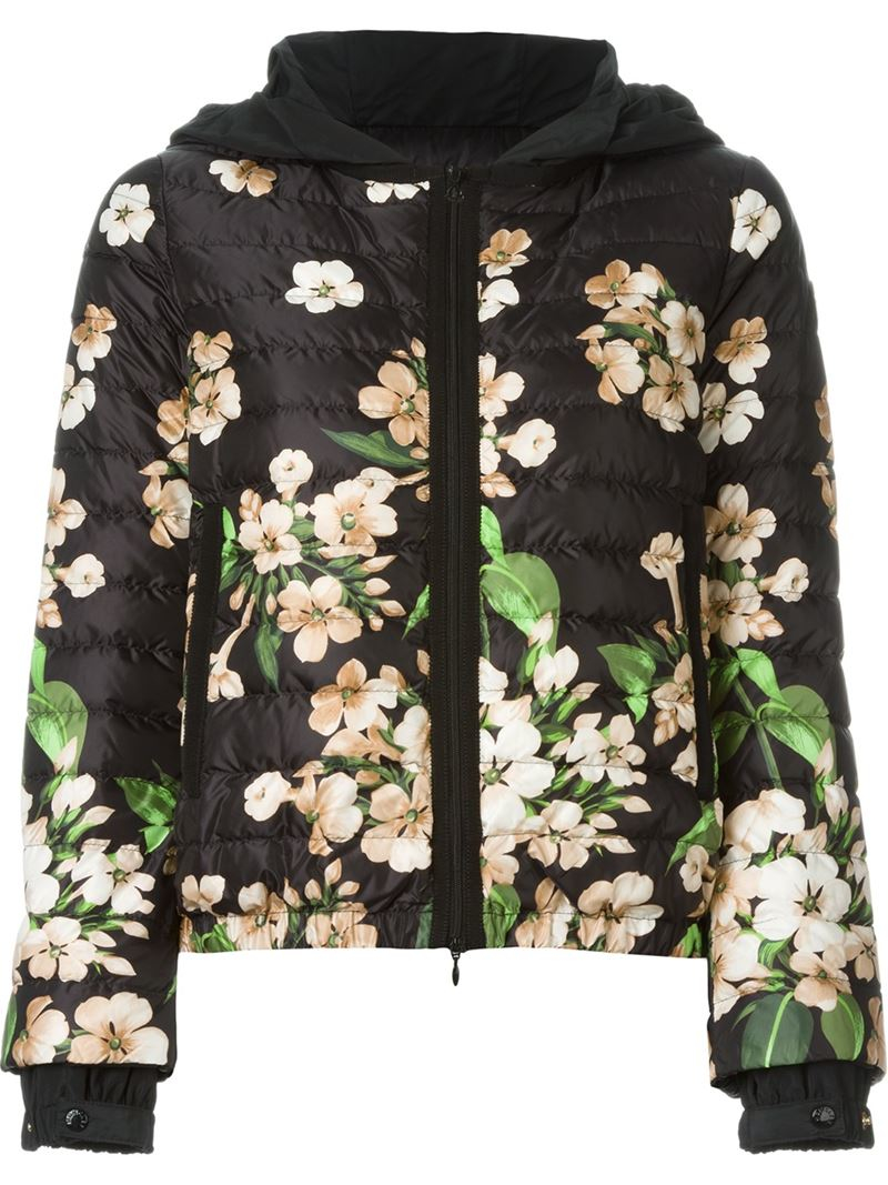 Moncler Floral-Print Quilted Down Jacket in Black | Lyst