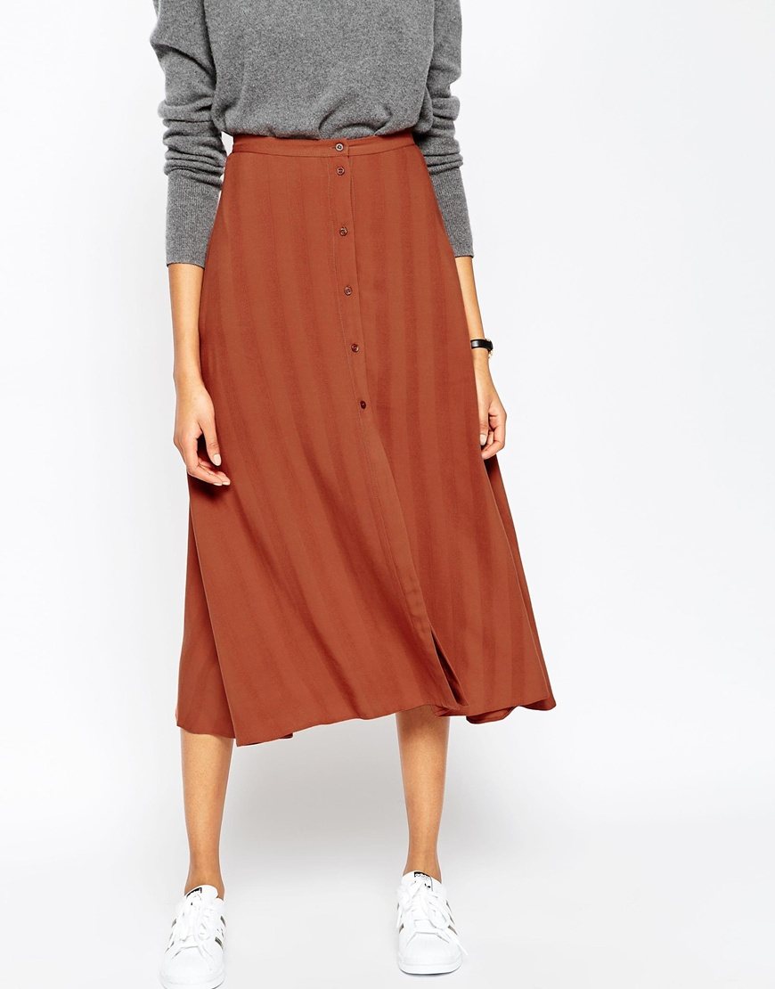 Asos Midi Skirt With Button Through In Self Stripe in Brown (Rust) | Lyst