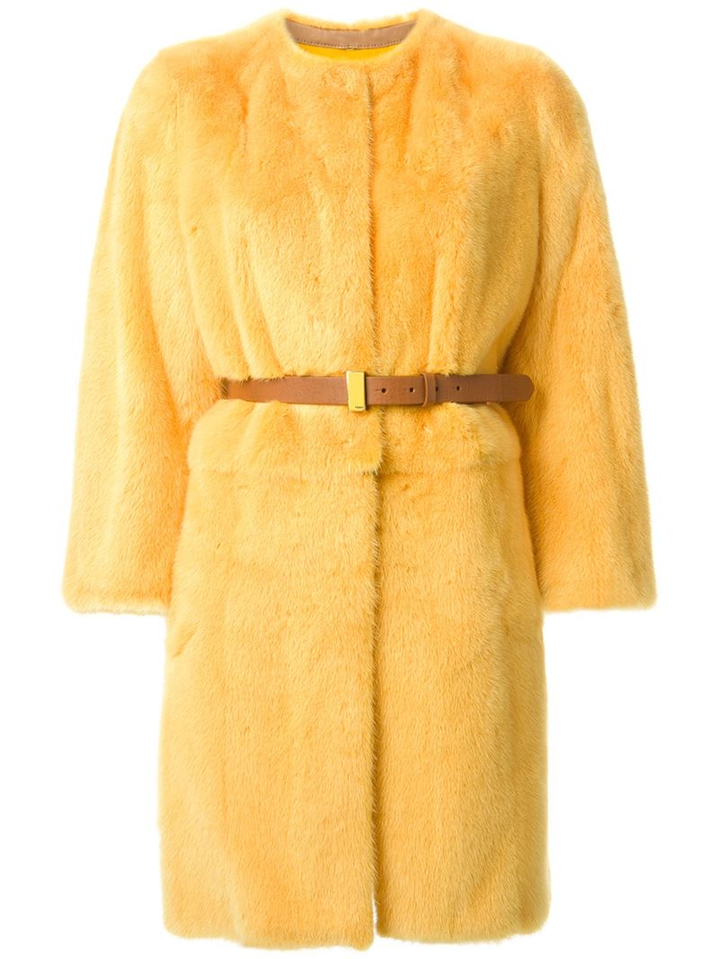Fendi Belted Fur Coat in Yellow | Lyst