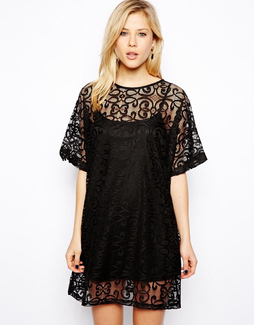 Lyst - Asos T-Shirt Dress In Lace in Black