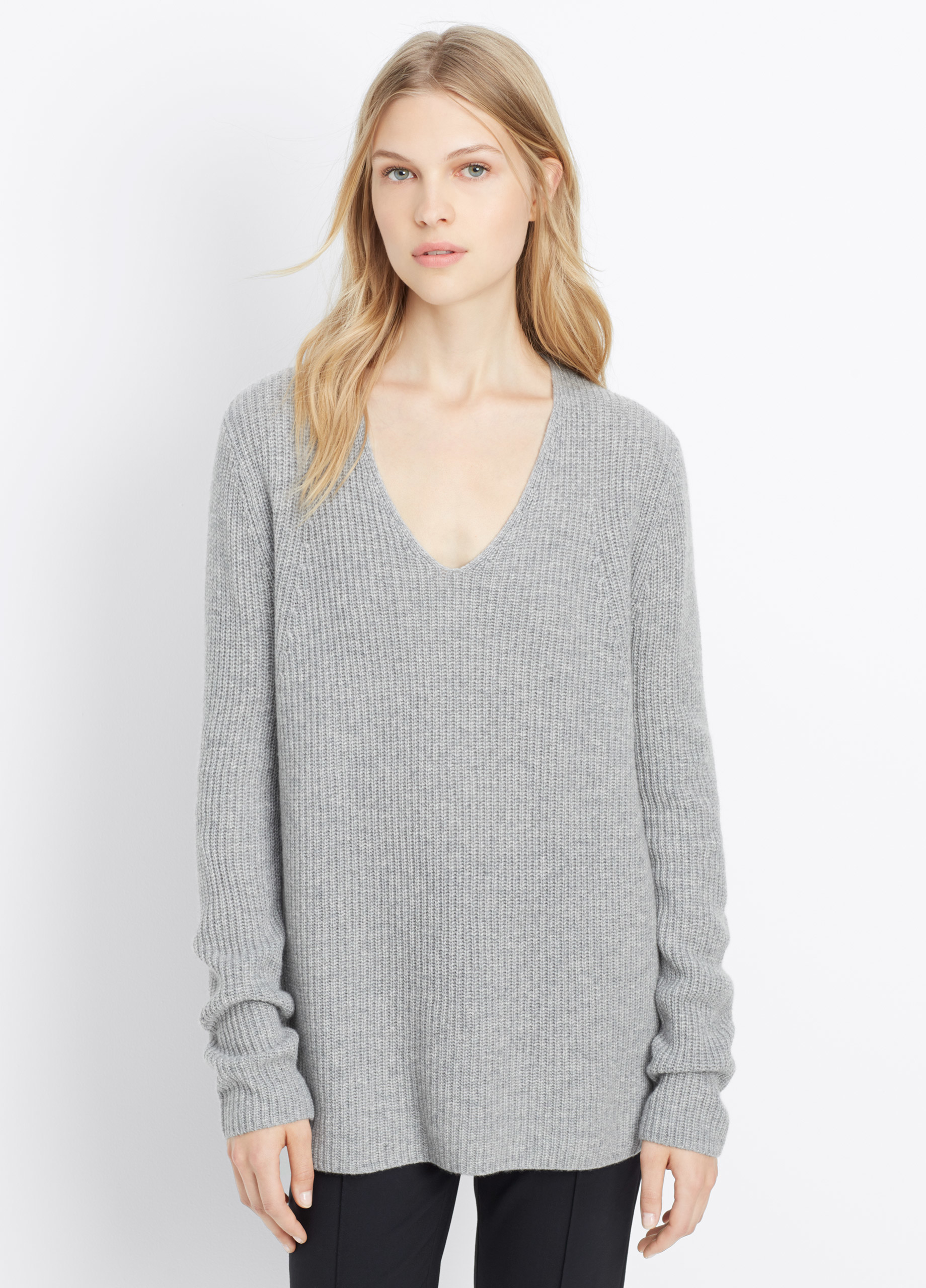 Vince Cashmere Ribbed Fitted V-neck Sweater in Gray (Heather Steel) | Lyst