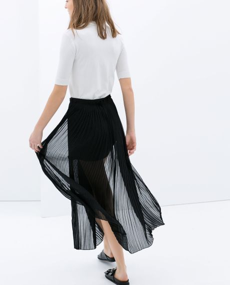 Zara Long Fine Pleat Skirt in Black | Lyst
