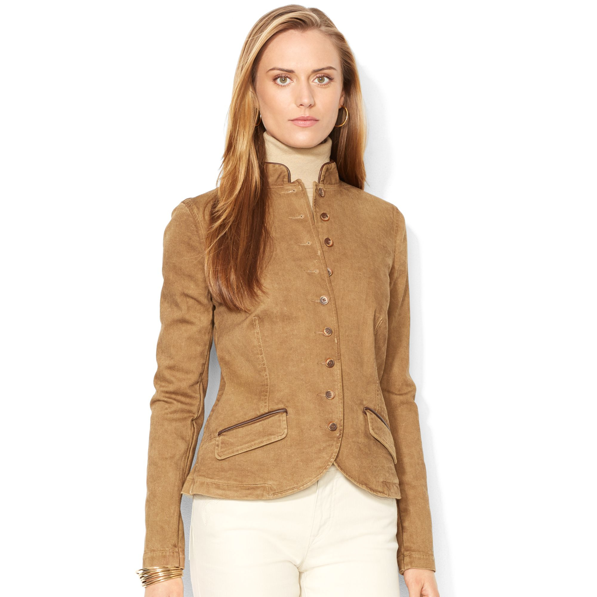 Lauren By Ralph Leathertrim Peplum Denim Jacket In Brown Lyst Gallery