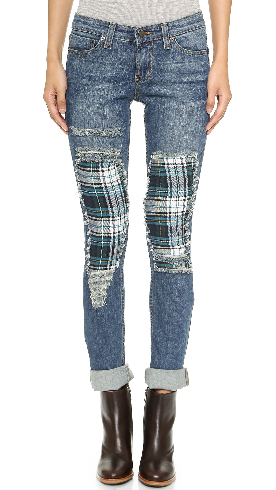 One by jet by john eshaya Plaid Skinny Jeans - Red Plaid in Blue (Blue ...