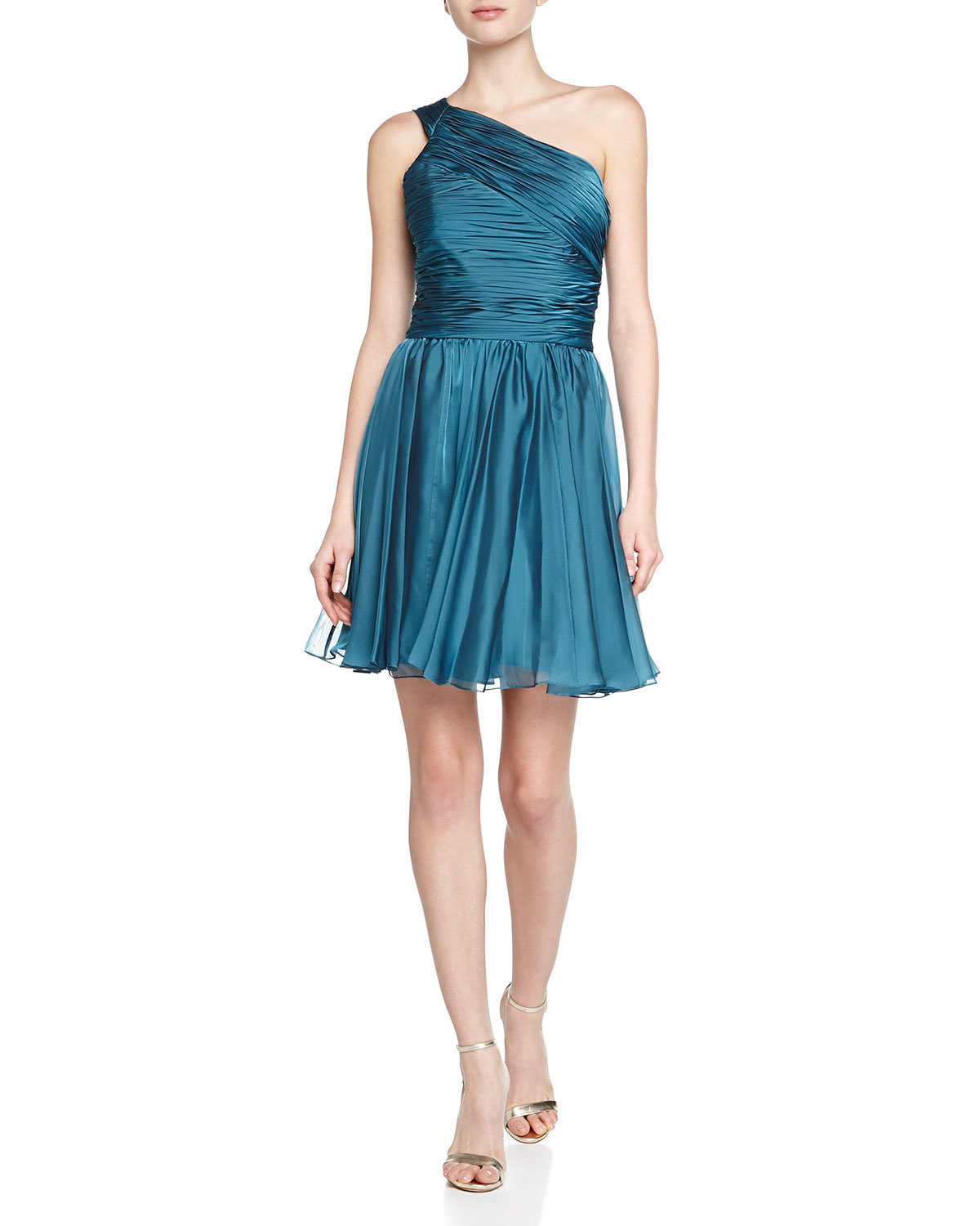 Halston One-shoulder Pleated Dress in Blue | Lyst