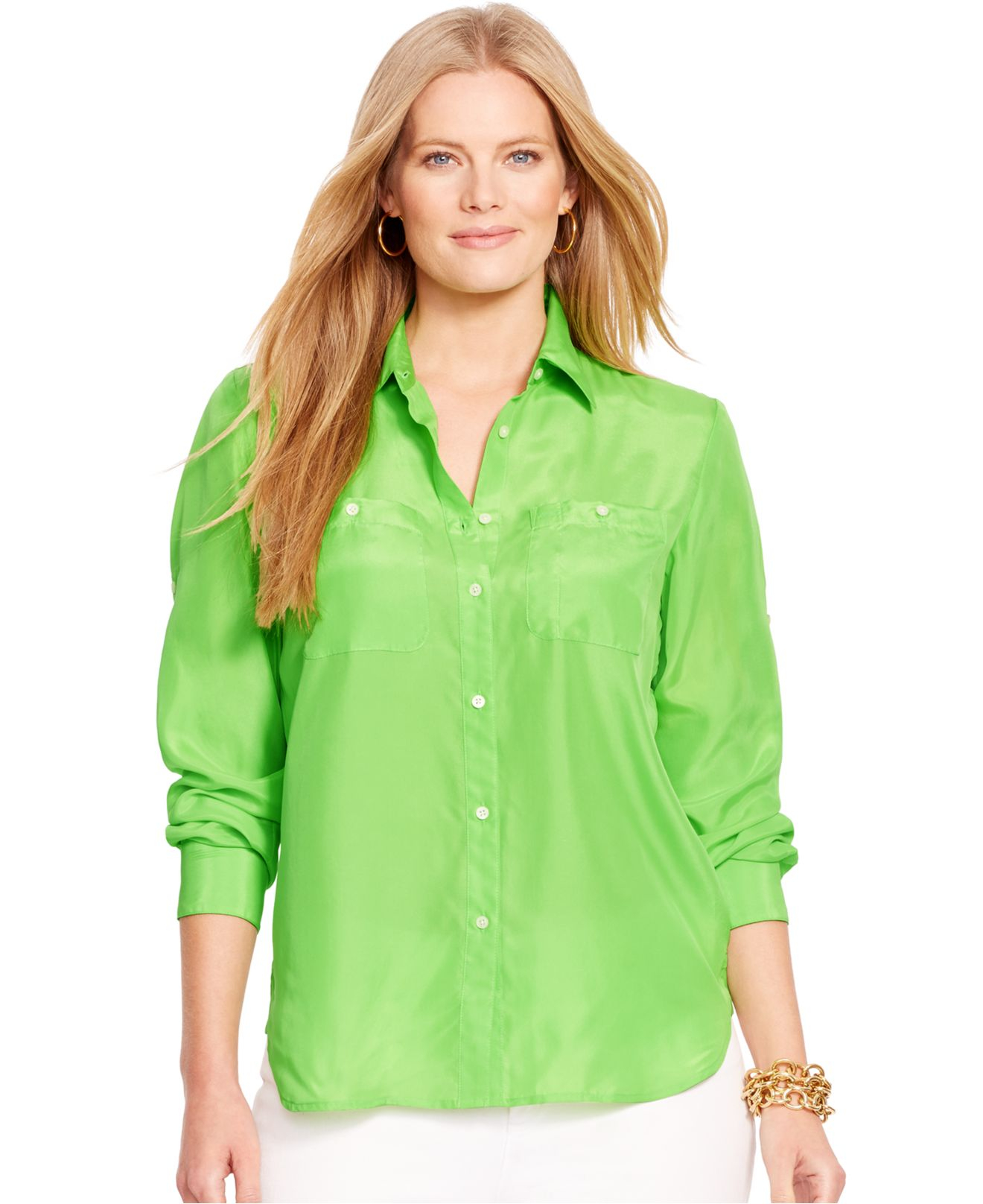 Lauren By Ralph Lauren Plus Size Silk Utility Shirt In Green Lyst