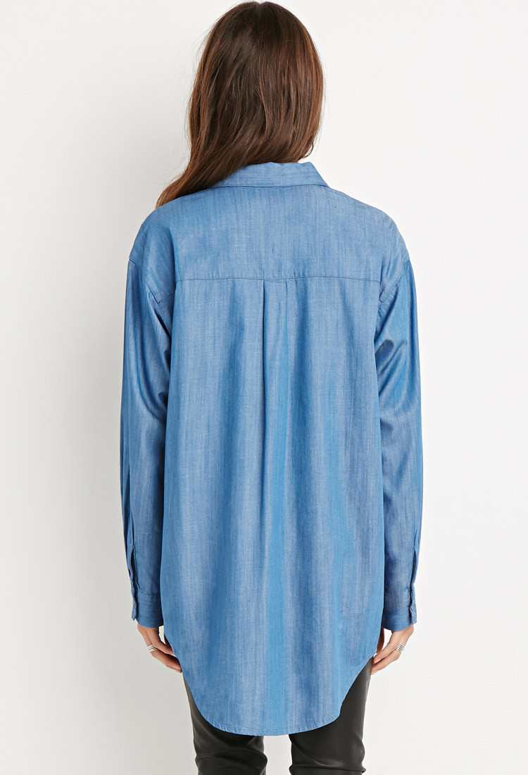 Lyst - Forever 21 Oversized Chambray Shirt in Blue