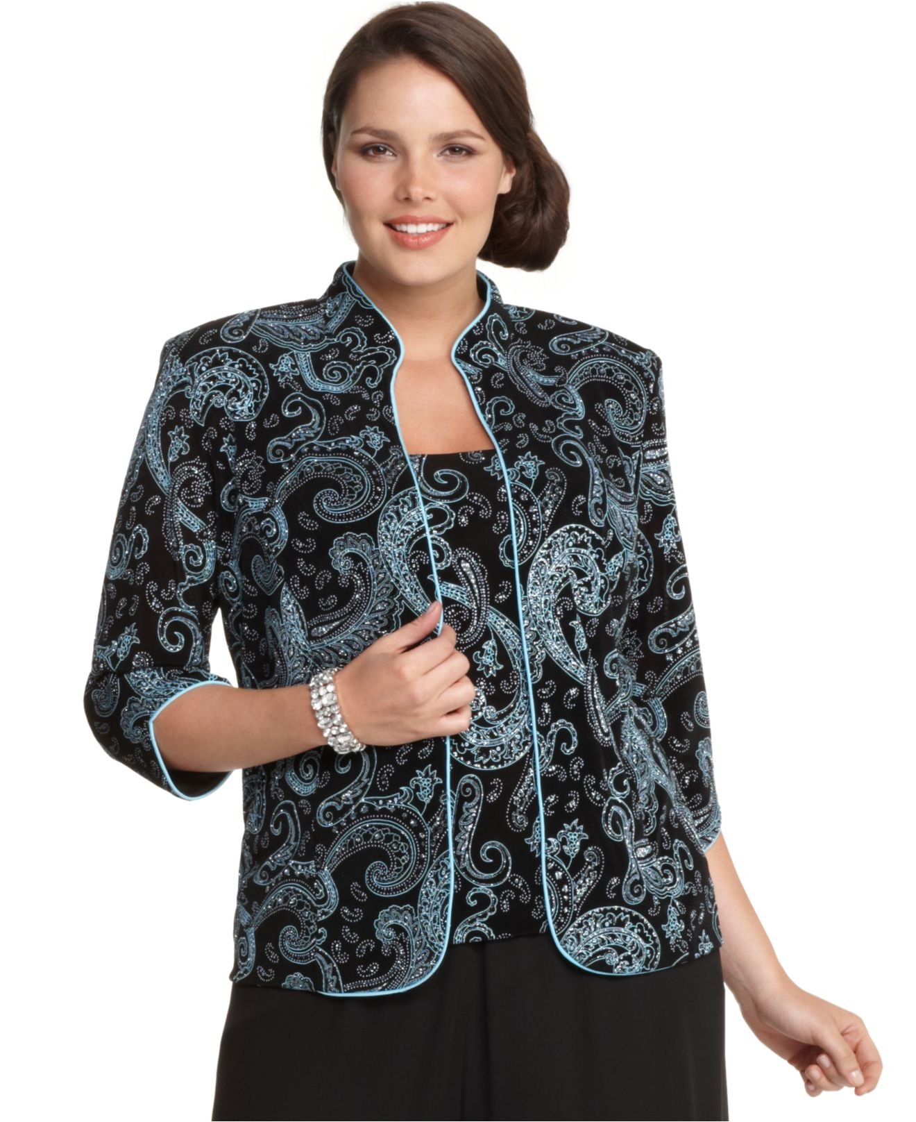 Alex Evenings Plus Size Three-Quarter-Sleeve Metallic Paisley Jacket