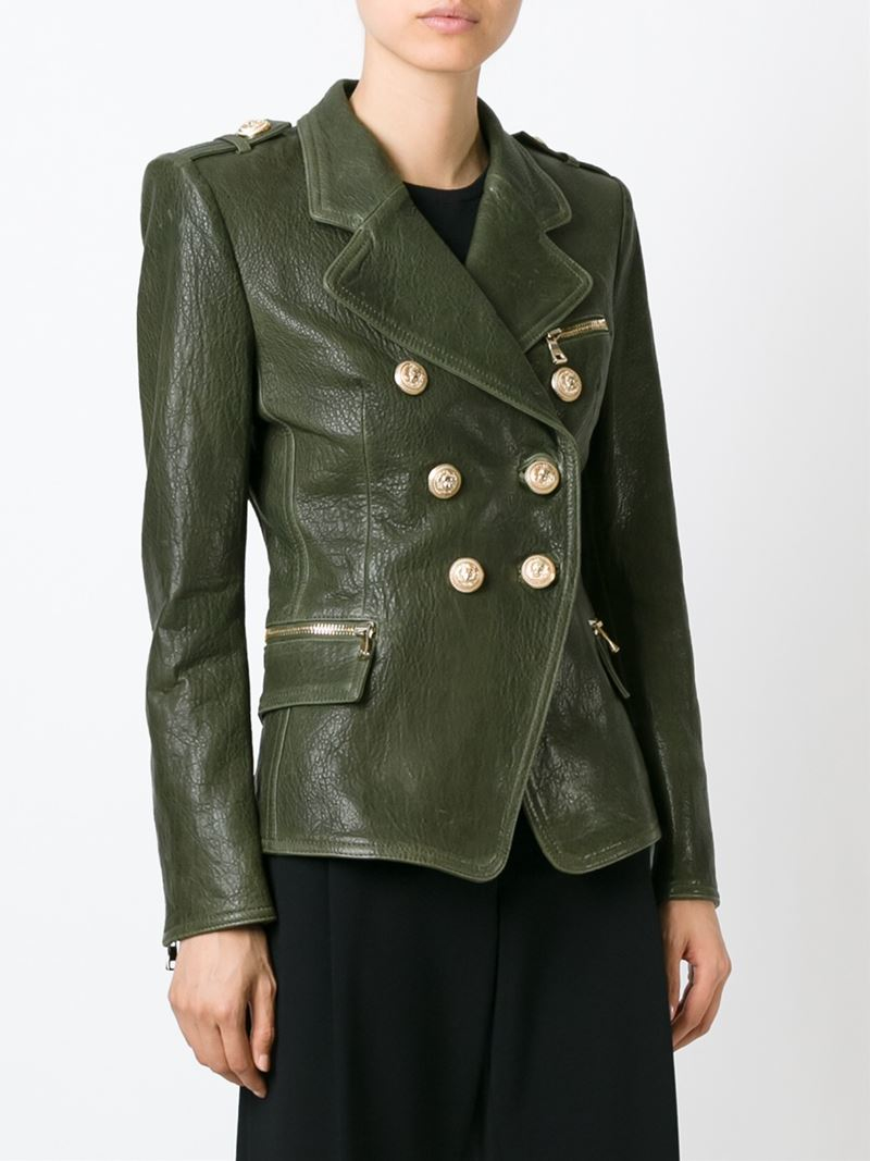 Balmain Leather Blazer in Green - Lyst