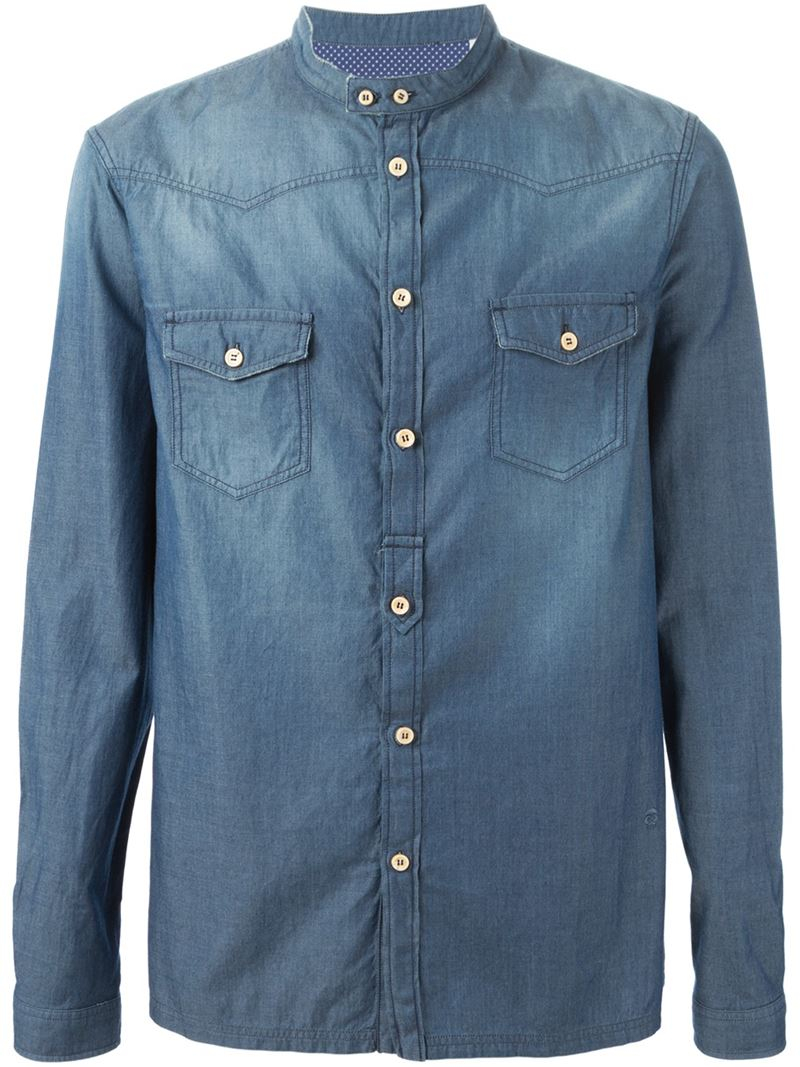 Lyst - Paolo Pecora Band Collar Denim Shirt in Blue for Men