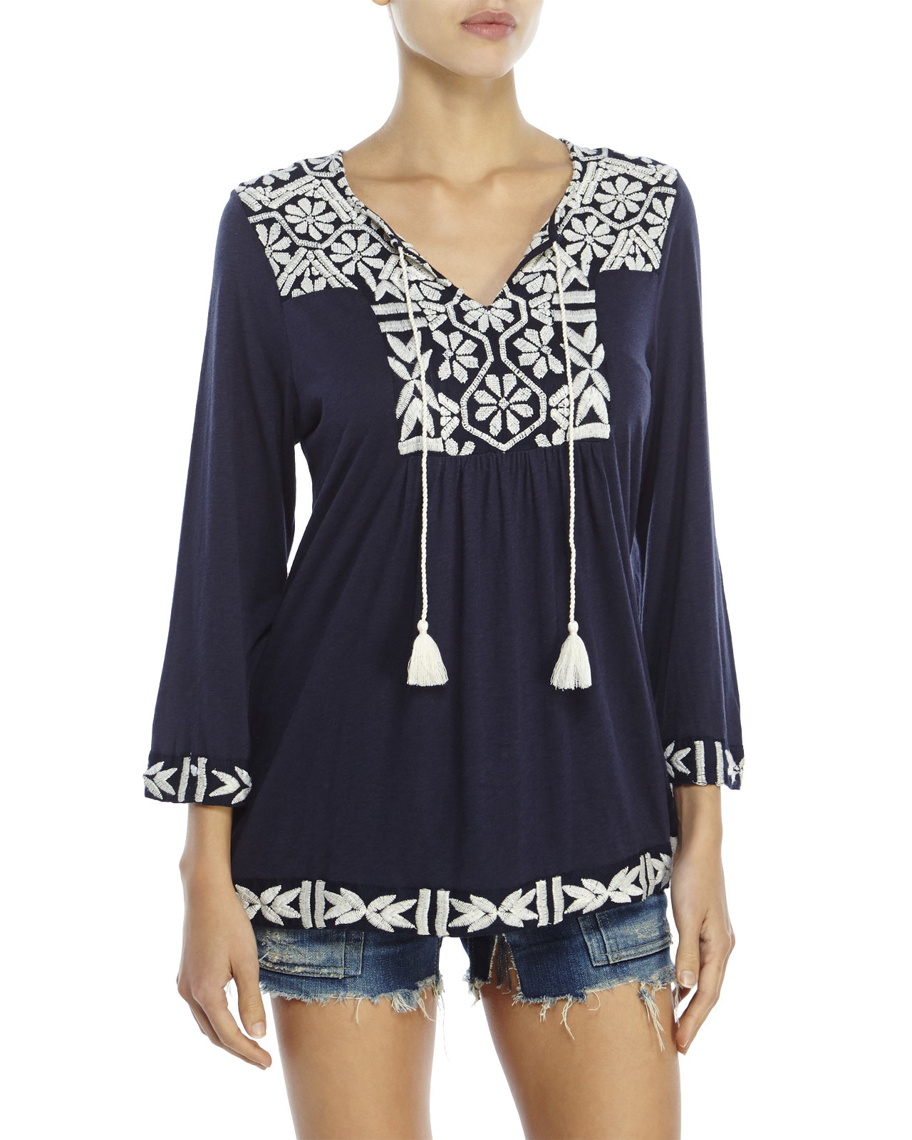 Lucky Brand Navy Embroidered Peasant Top in Blue - Lyst