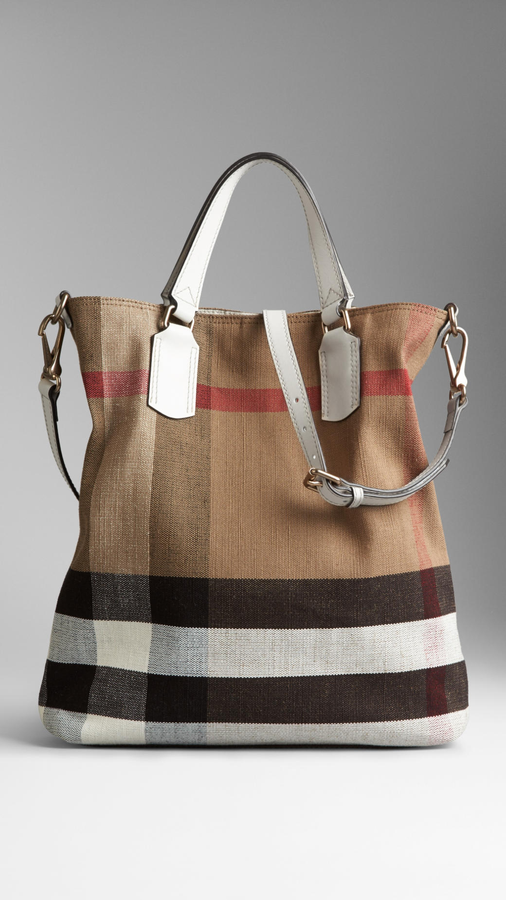 Burberry Medium Canvas Check Tote Bag in White (Brown) - Lyst