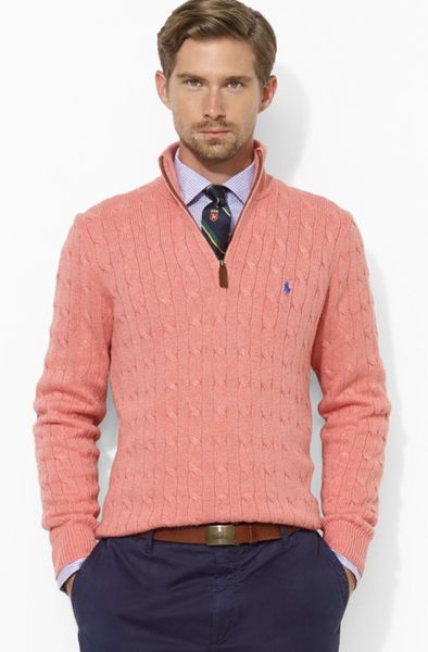 Ralph Lauren Polo Halfzip Cableknit Tussah Silk Sweater in Pink for Men ...