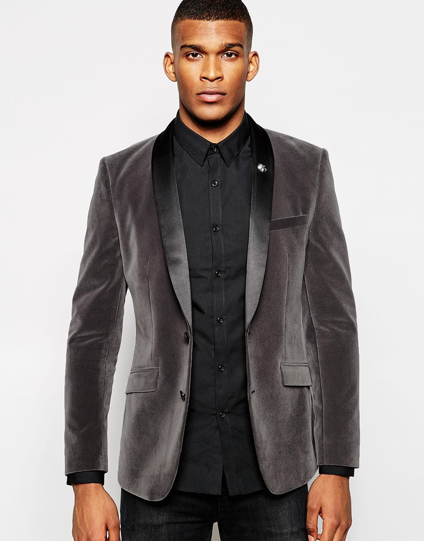 Lyst - Asos Skinny Blazer In Velvet in Gray for Men