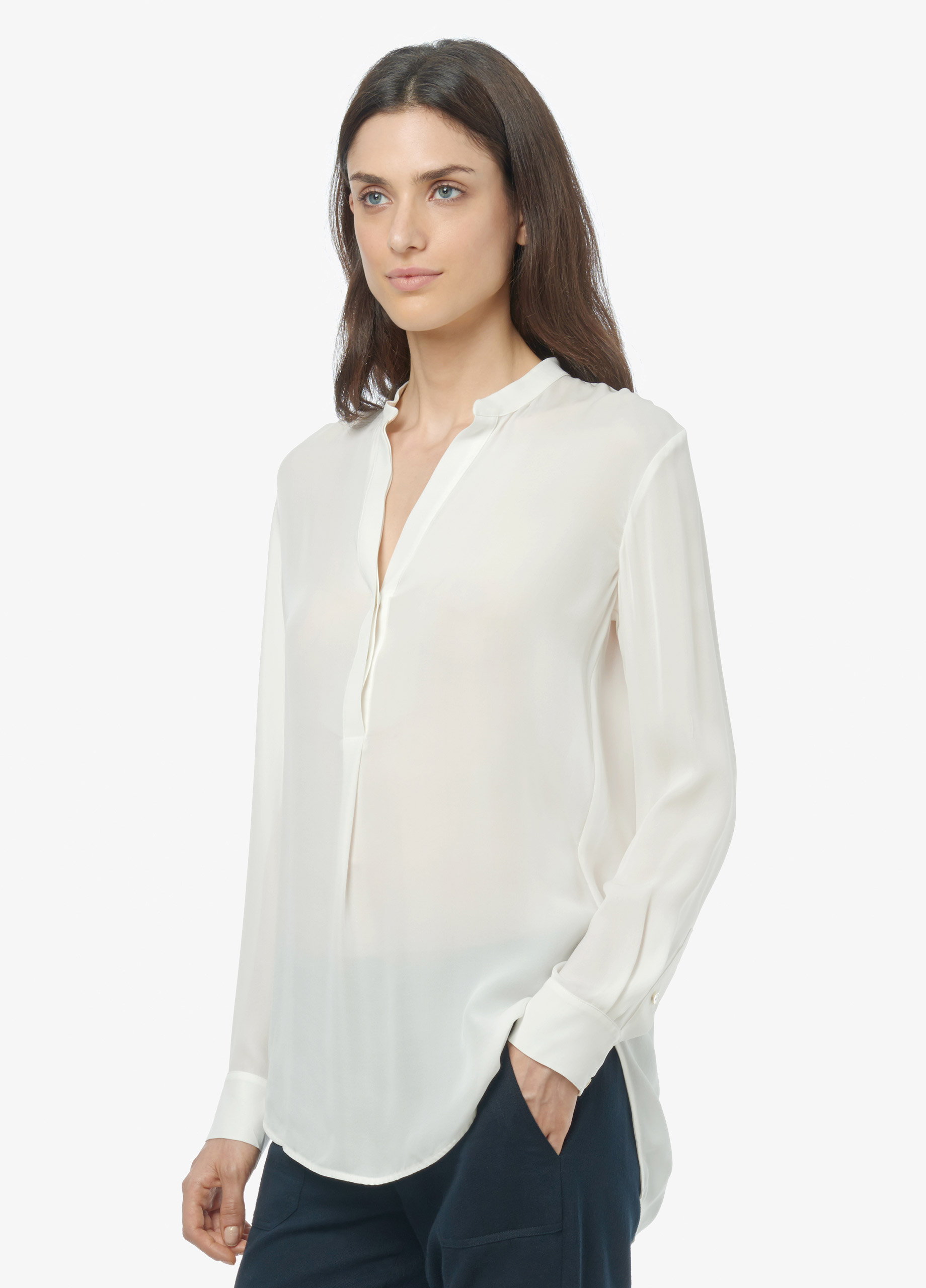 Vince Silk Half Placket Long Sleeve Tunic in White | Lyst