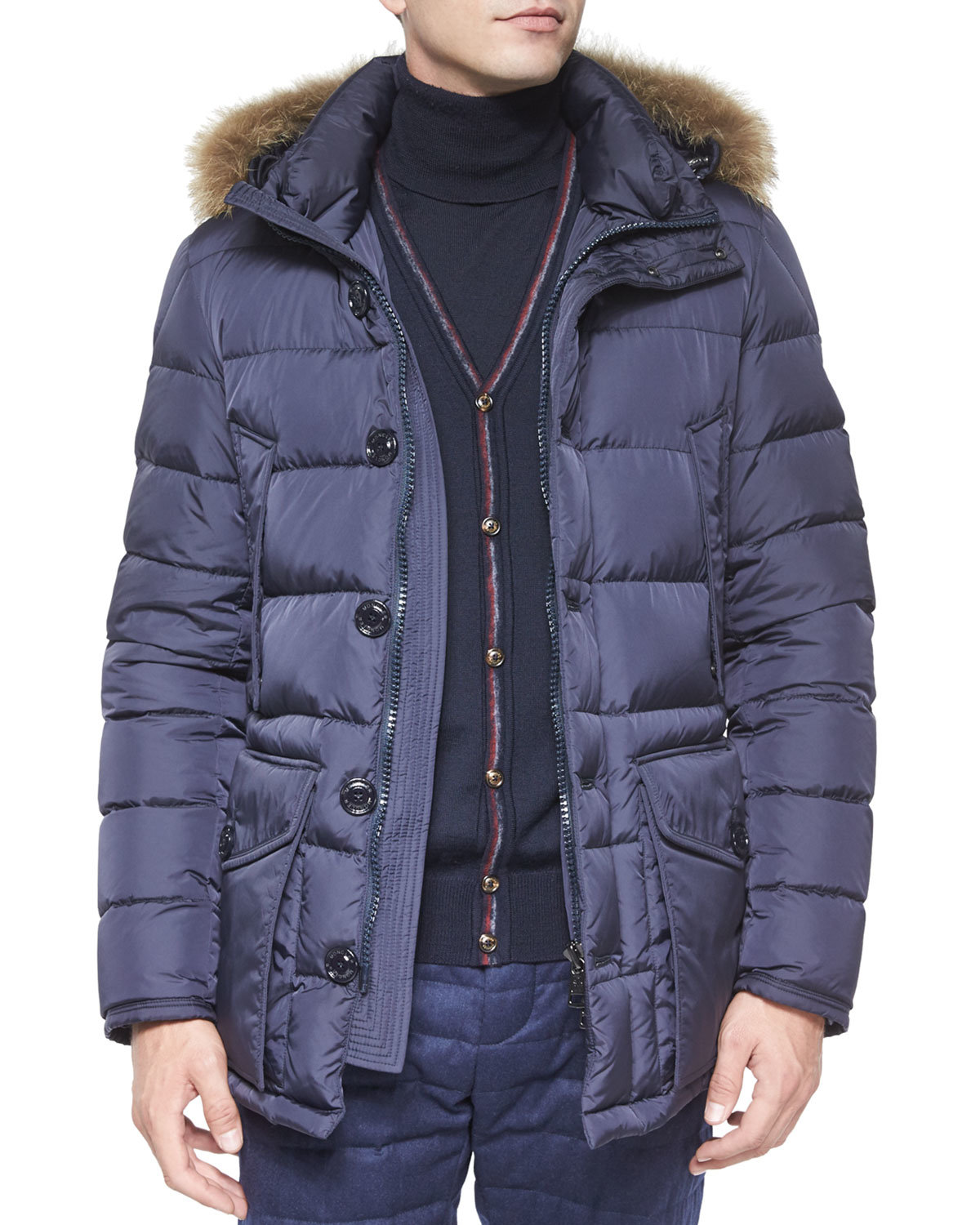 Moncler Cluny Nylon Puffer Jacket With Fur Hood in Blue for Men | Lyst