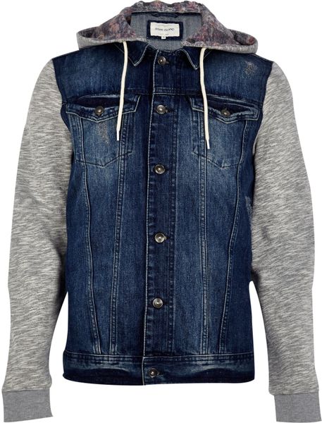 River Island Mid Wash Jersey Sleeve Hooded Denim Jacket in Gray for Men ...