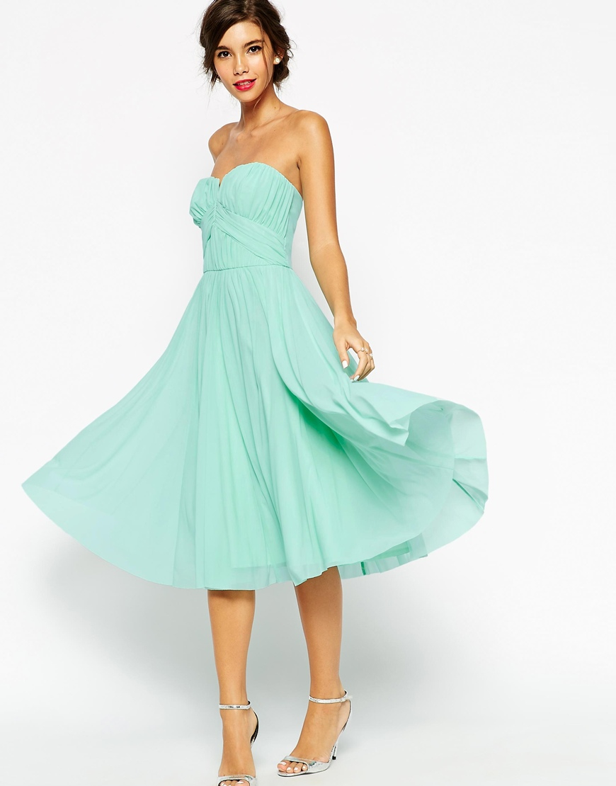 Asos Wedding Ruched Bodice Bandeau Midi Dress in Green (Mint) | Lyst