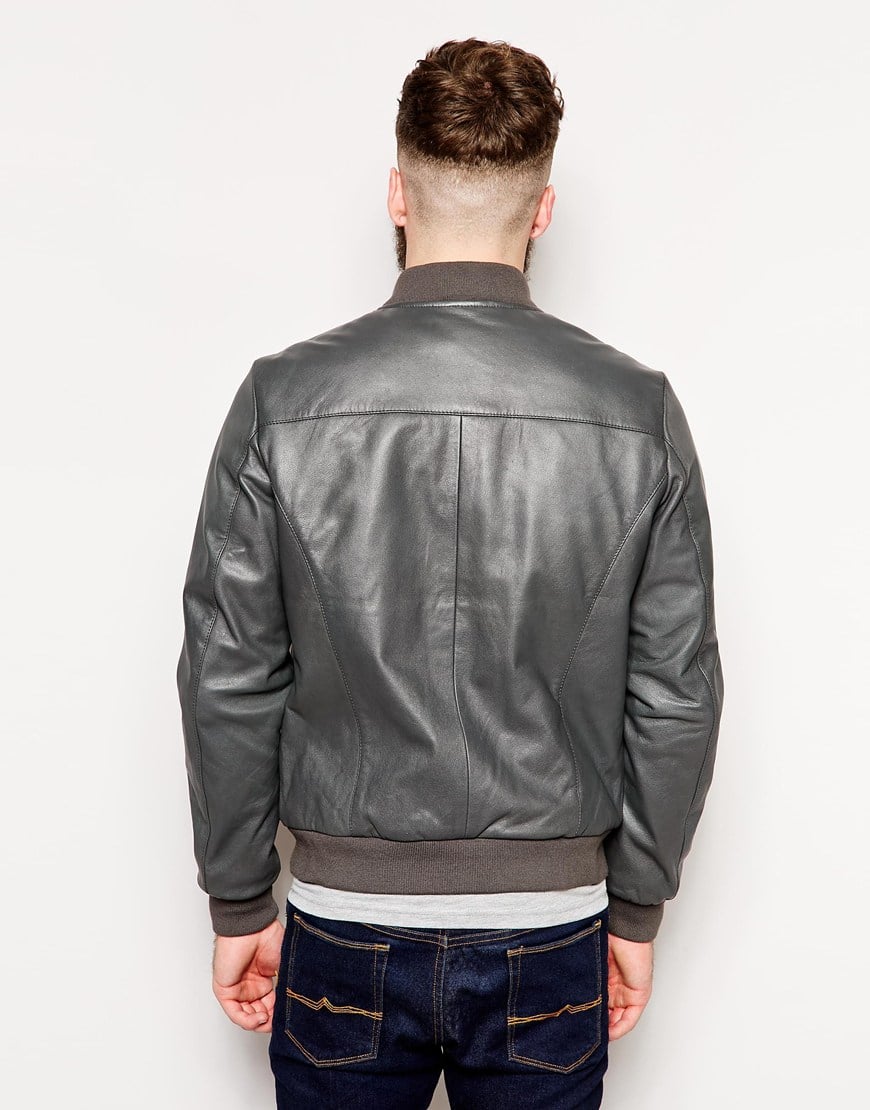 Lyst Asos Leather Bomber Jacket in Gray for Men