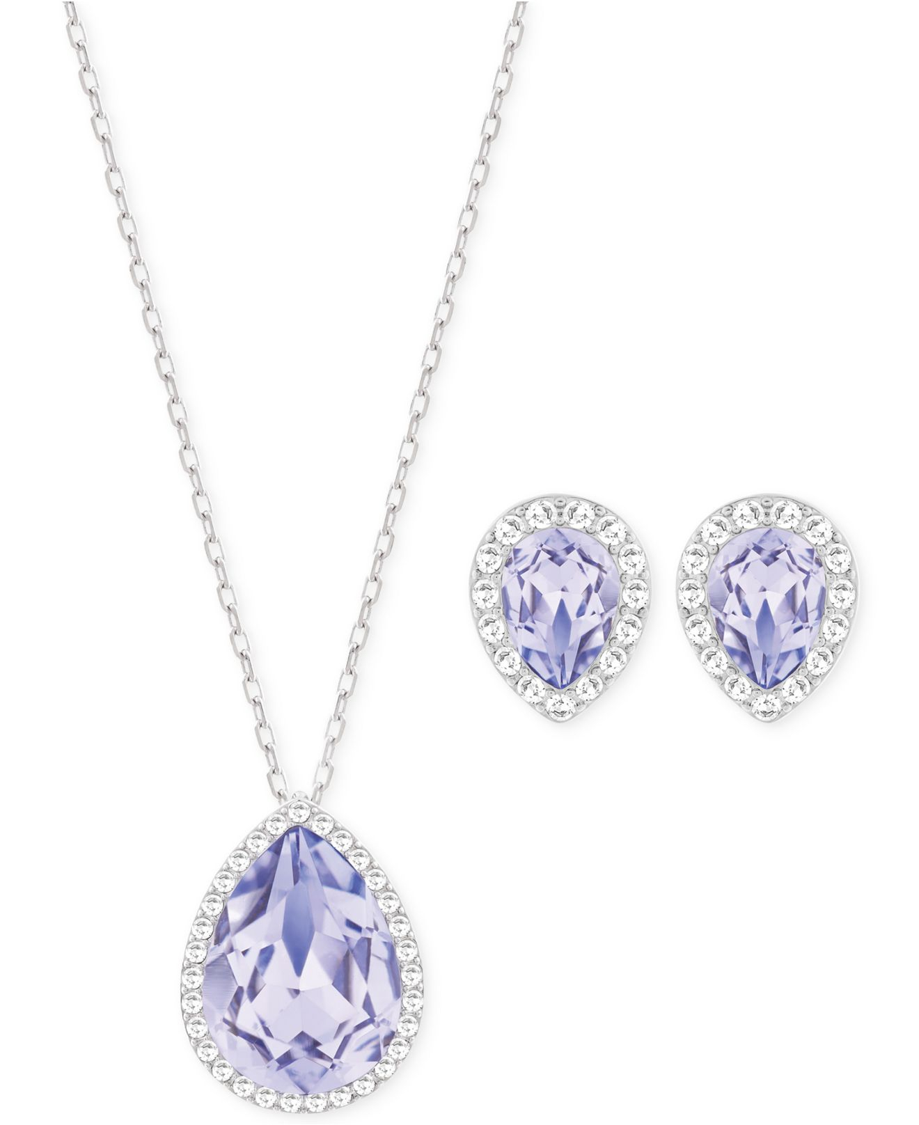 Swarovski Purple Silver Tone Lavender Crystal Necklace And Stud Earrings Set Swarovski Purple Silver Tone Lavender Crystal Necklace And Stud Earrings Set