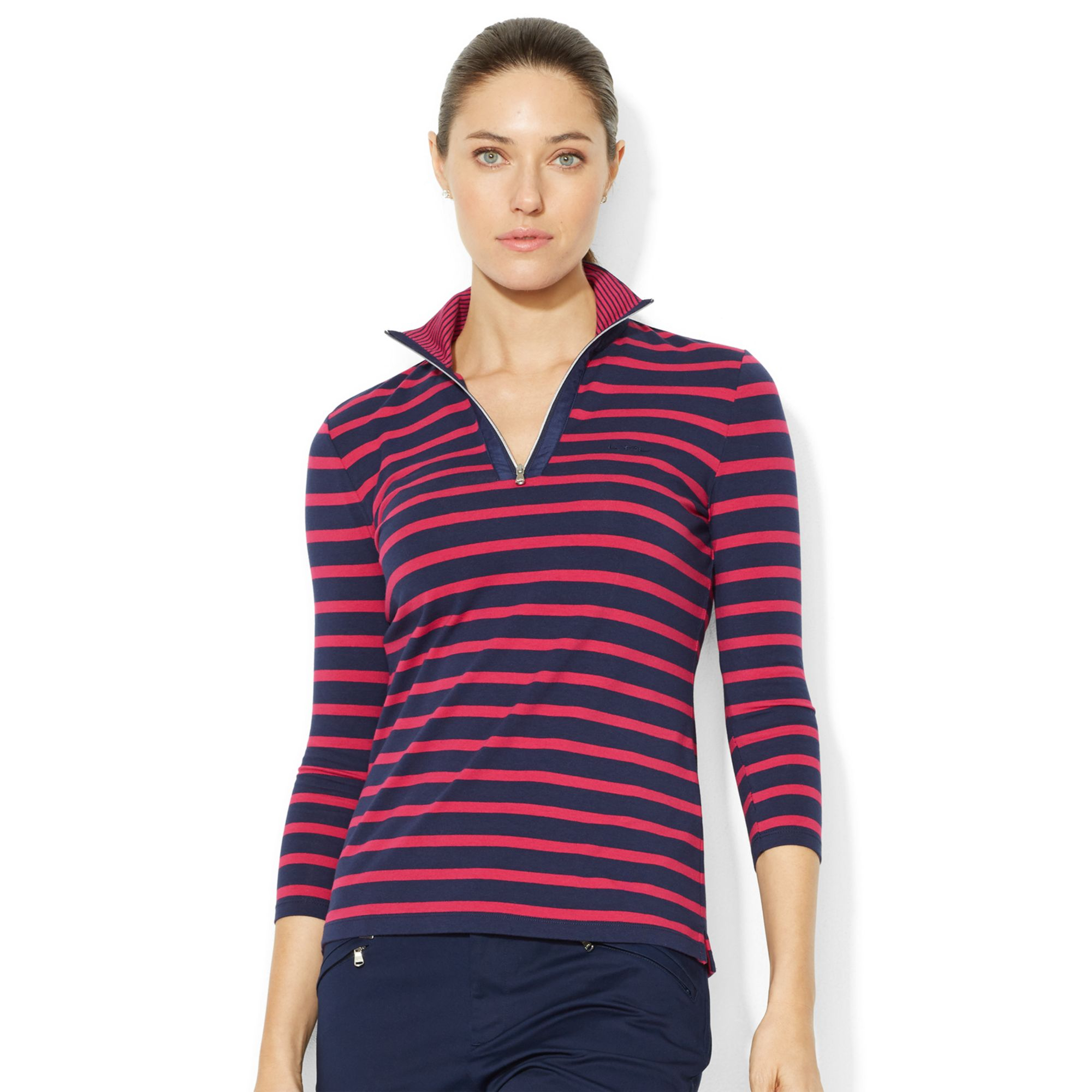 Lauren by ralph lauren Three Quarter Sleeve Striped Half Zip Top in ...