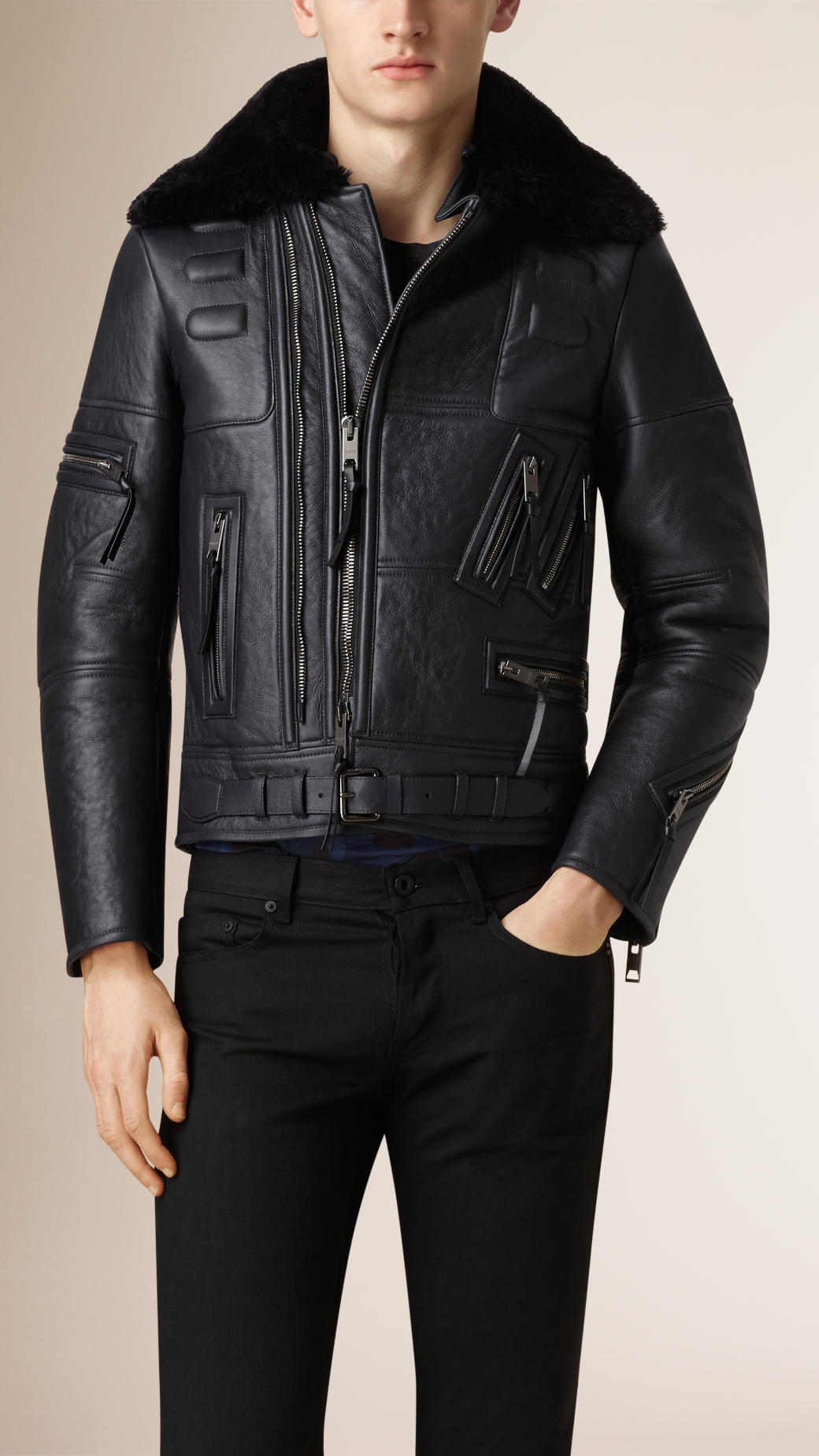 Lyst Burberry Shearling Biker Jacket With Fur Collar in Blue for Men