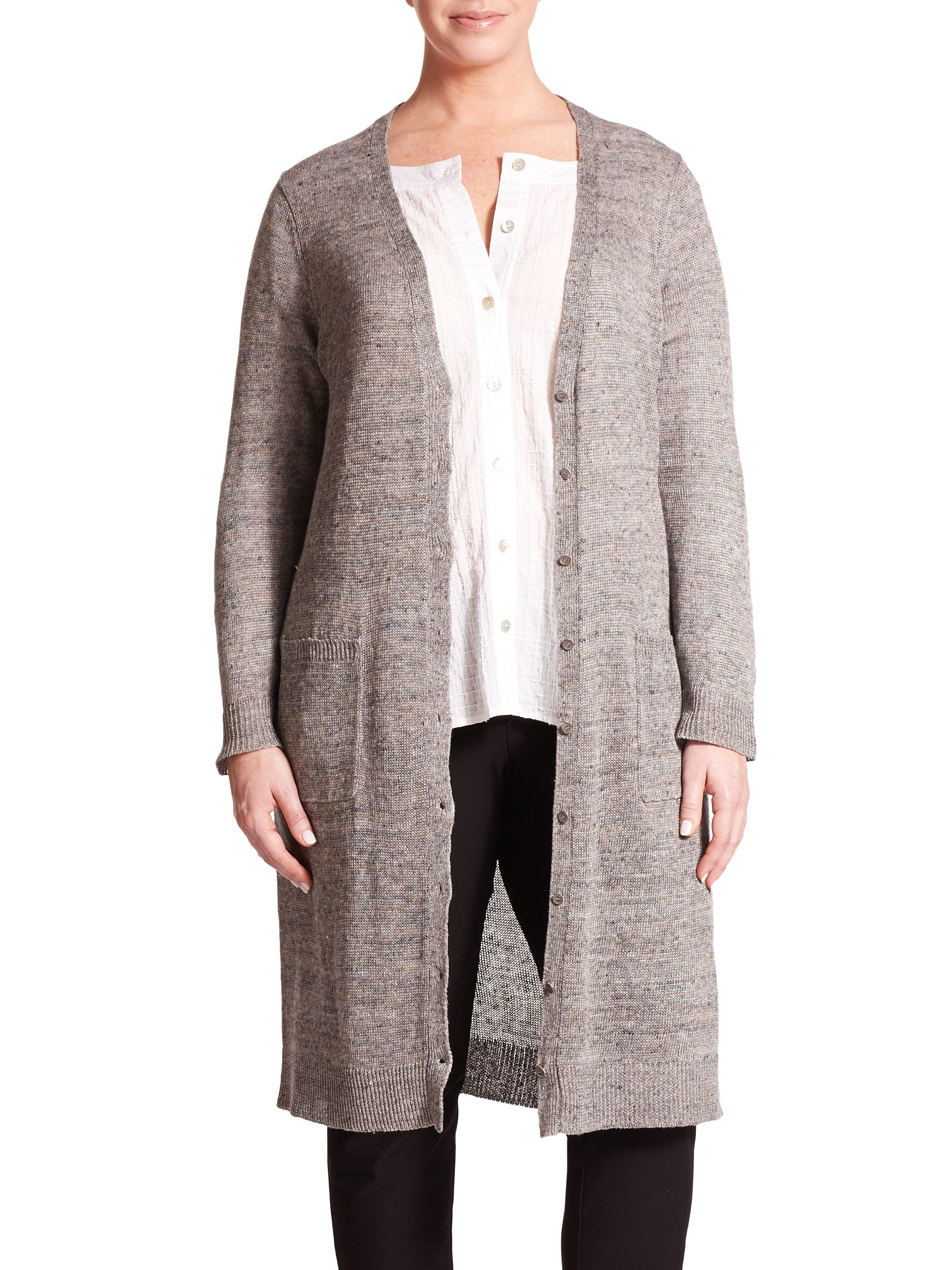 Eileen fisher Long Linen V-neck Cardigan in Metallic | Lyst