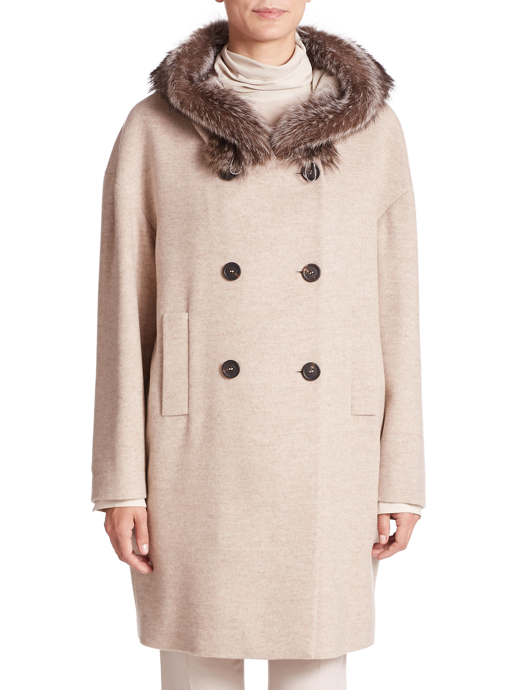 Lyst - Brunello Cucinelli Macro Melange Fur-trimmed Hooded Cashmere Coat in Natural