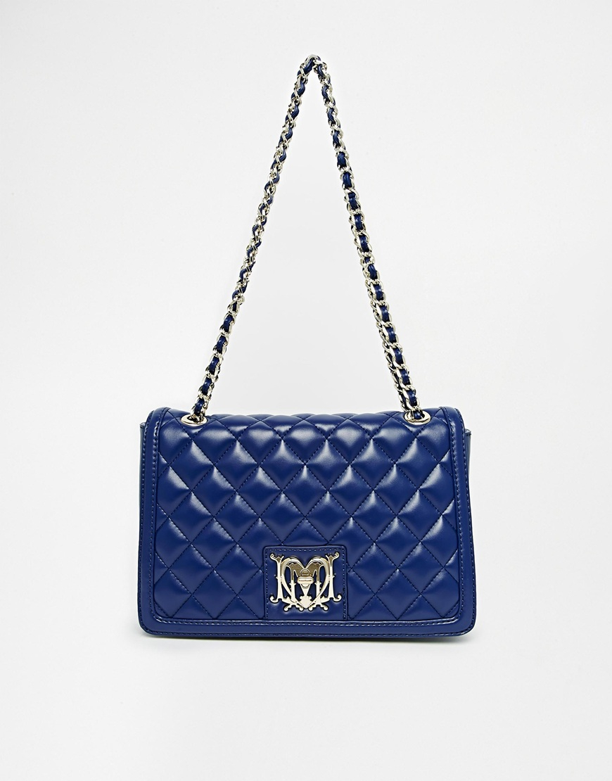 Love Moschino Patent Quilted Chain Strap Bag in Navy (Blue) - Lyst