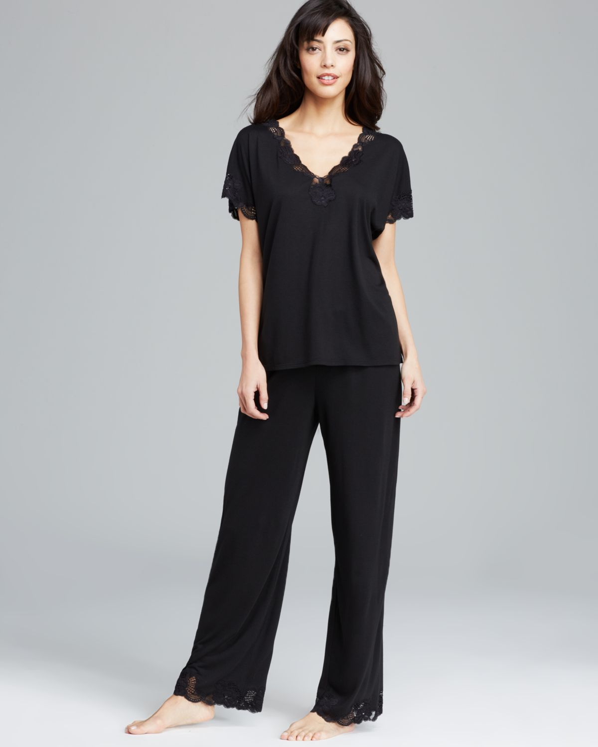 Natori Zen Floral Short Sleeve Pajama Set With Lace in Black | Lyst
