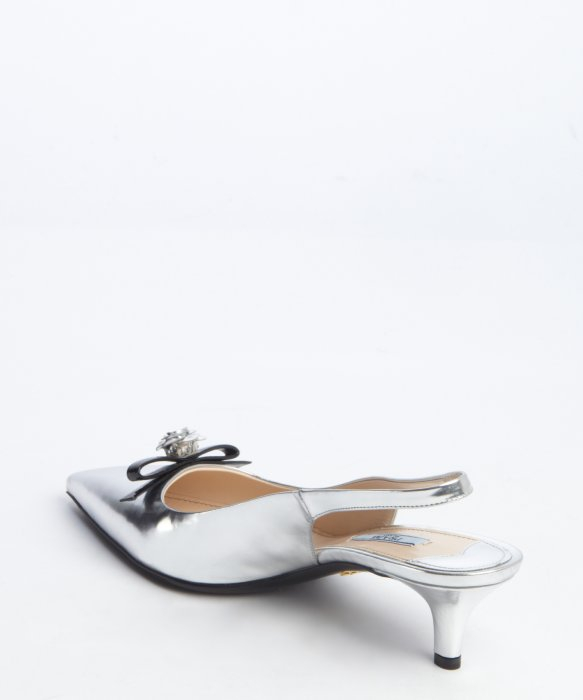 Lyst - Prada Silver And Black Metallic Leather Slingback Bow Detial ...