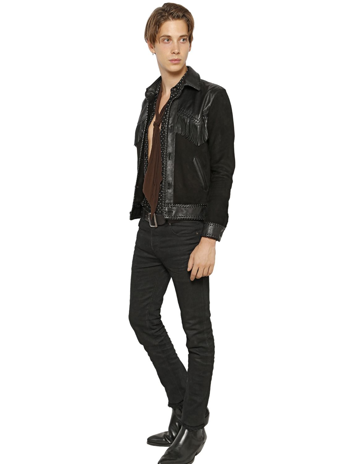 Lyst Saint Lau Fringed Suede Nappa Leather Jacket In Black Gallery