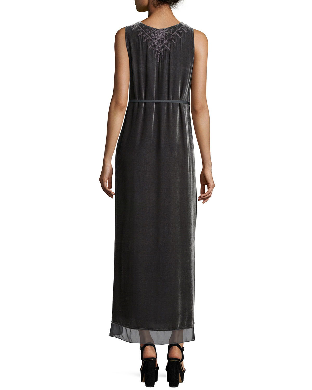 Johnny was Kaiya Sleeveless Embroidered Velvet Maxi Dress in Gray | Lyst